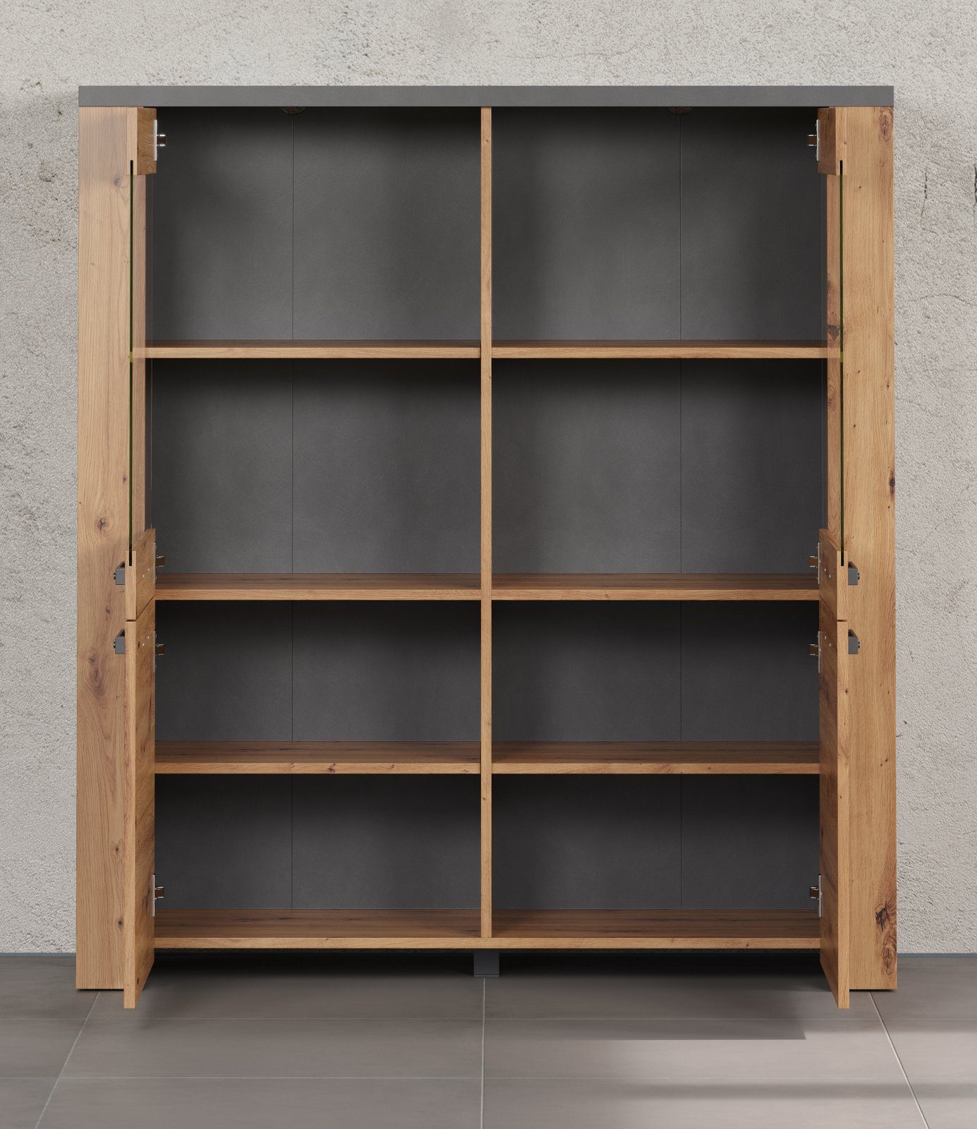 trendteam Highboard Follow (Schrank in Eiche Artisan mit grau, 127 x 139 cm), mit 8 Fächern