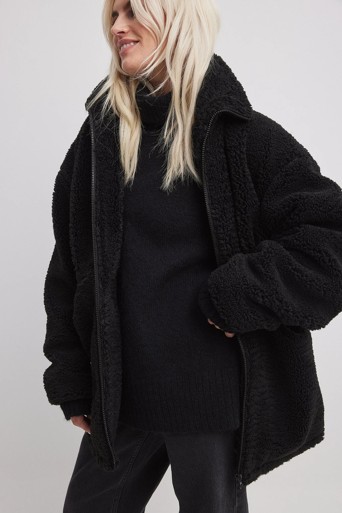 Recycelte lange Teddy-Jacke mit Reißverschluss