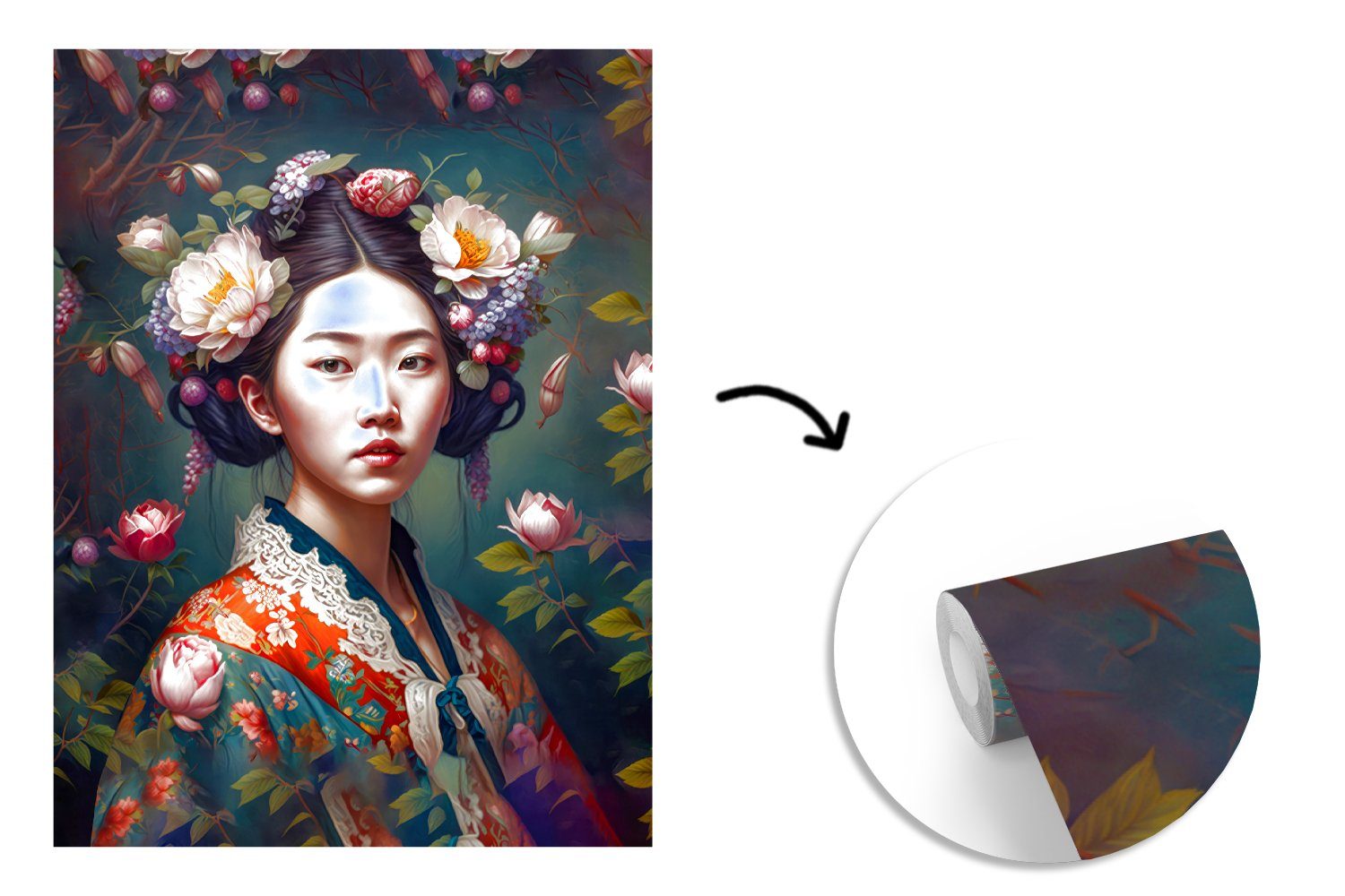 MuchoWow Fototapete Frau - Blumen - Kimono - Porträt - Asiatisch, Matt, bedruckt, (4 St), Montagefertig Vinyl Tapete für Wohnzimmer, Wandtapete