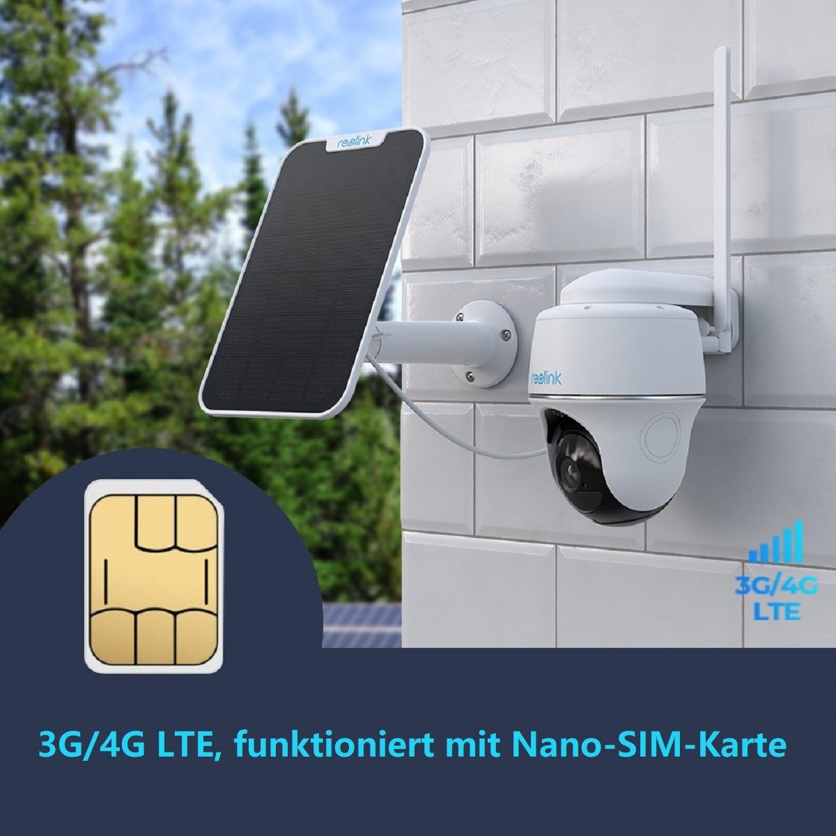 Reolink Go PT Plus+Solarpanel 4MP 3G/4G LTE 355°/140° Schwenkbare PTZ Akku Überwachungskamera (Außenbereich, Wald, Farm, Campingbus, Straße, 1-tlg., mit 32GB SD-Karte, mit SIM-Kartenslot+32GB SD Karte,Intelligenter Erkennung,IR-Nachtsicht)