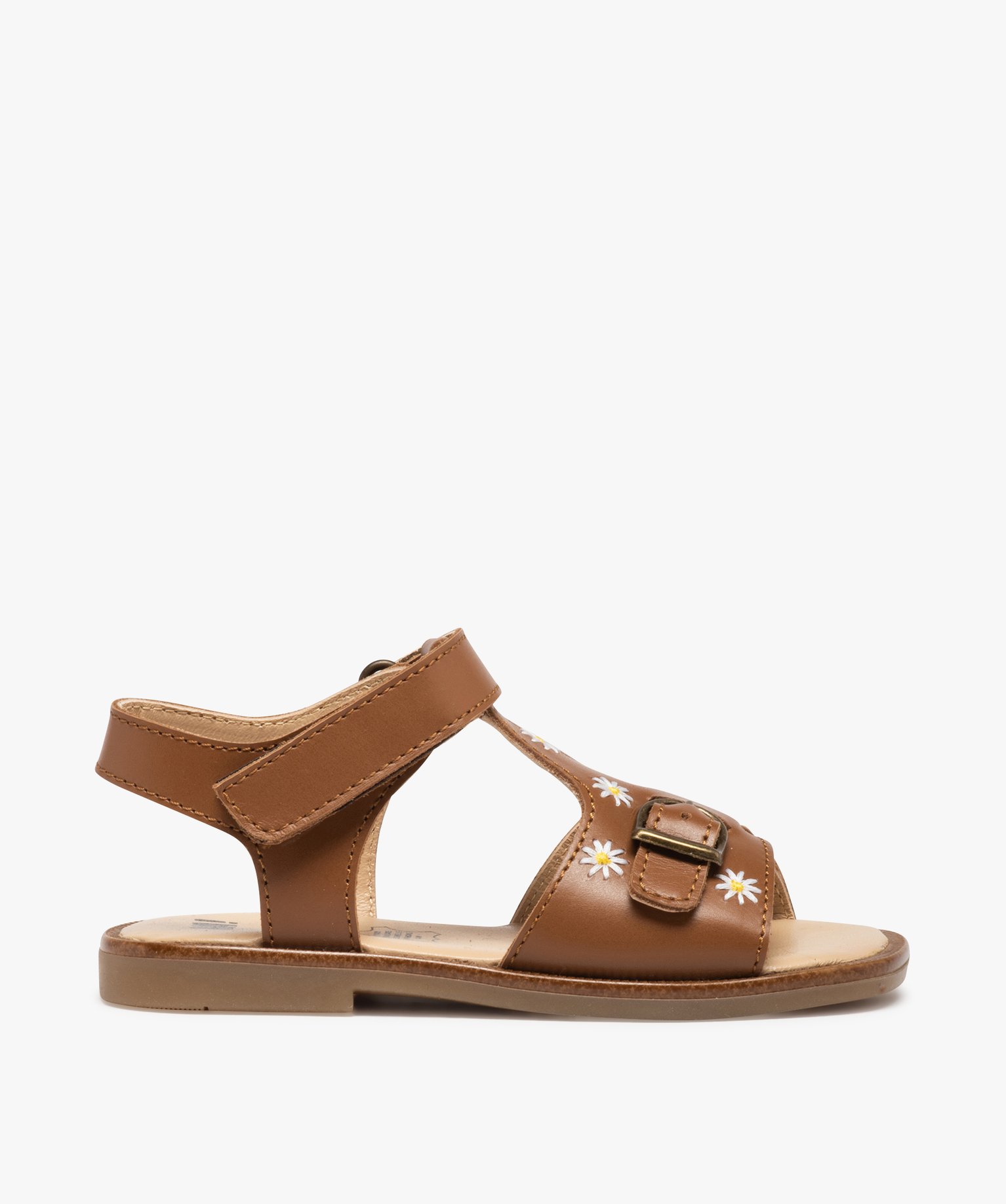 Sandales fille dessus cuir uni brodé fleurs – NA! camel | GEMO