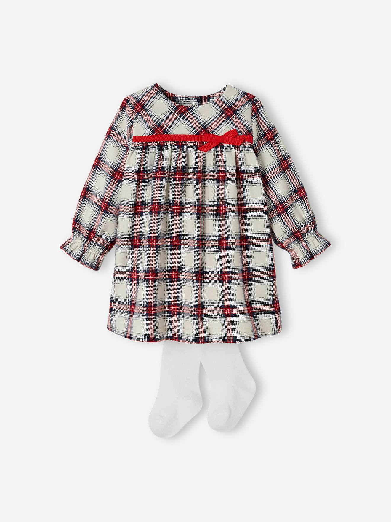 Vertbaudet Baby-Set: Samtkleid & Strumpfhose - wollweiß