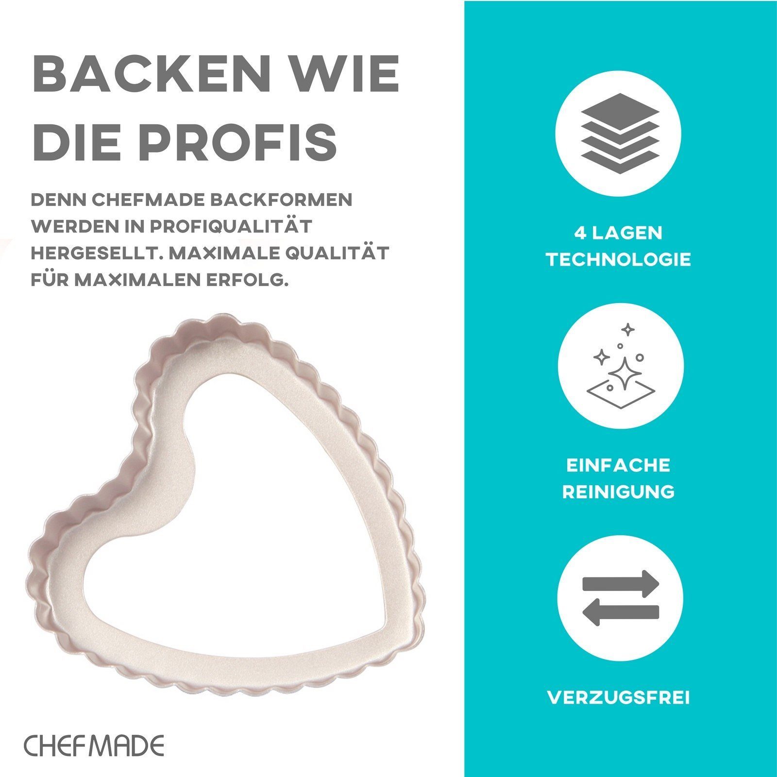 Chefmade Herzkuchenform Backform, (CHEFMADE, Mini Tarteformen Herz, 105x102x20mm, Champagnergold, antihaft- & silikonbeschichtet, Dessertförmchen, Quicheform, Minikuchenform, Liebeskuchen, Hebebodenform, Karbonstahl 1-tlg), Tarteform mit Hebeboden -