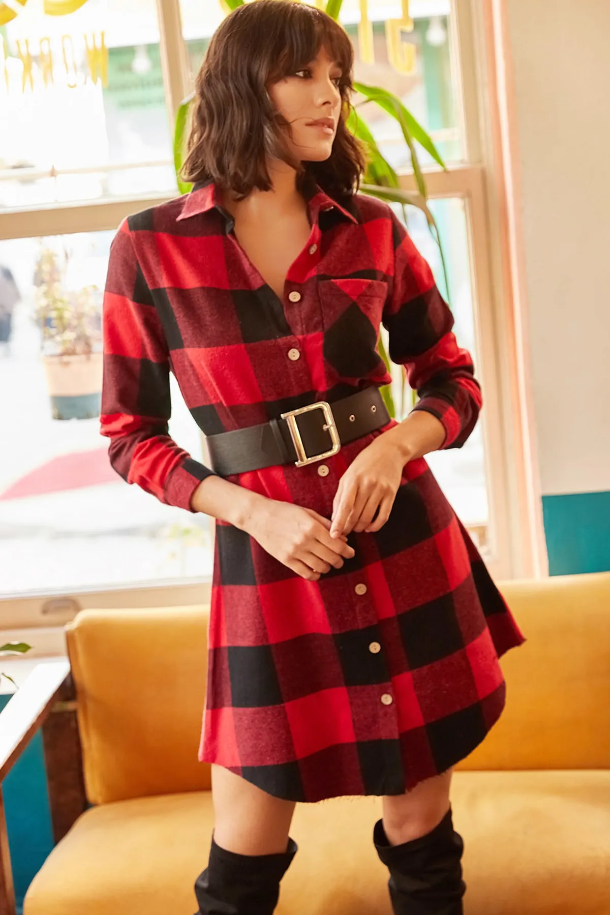 Olalook  Rotes Lumberjack-Tunikakleid mit dickem Karomuster für Damen ELB-19000836
