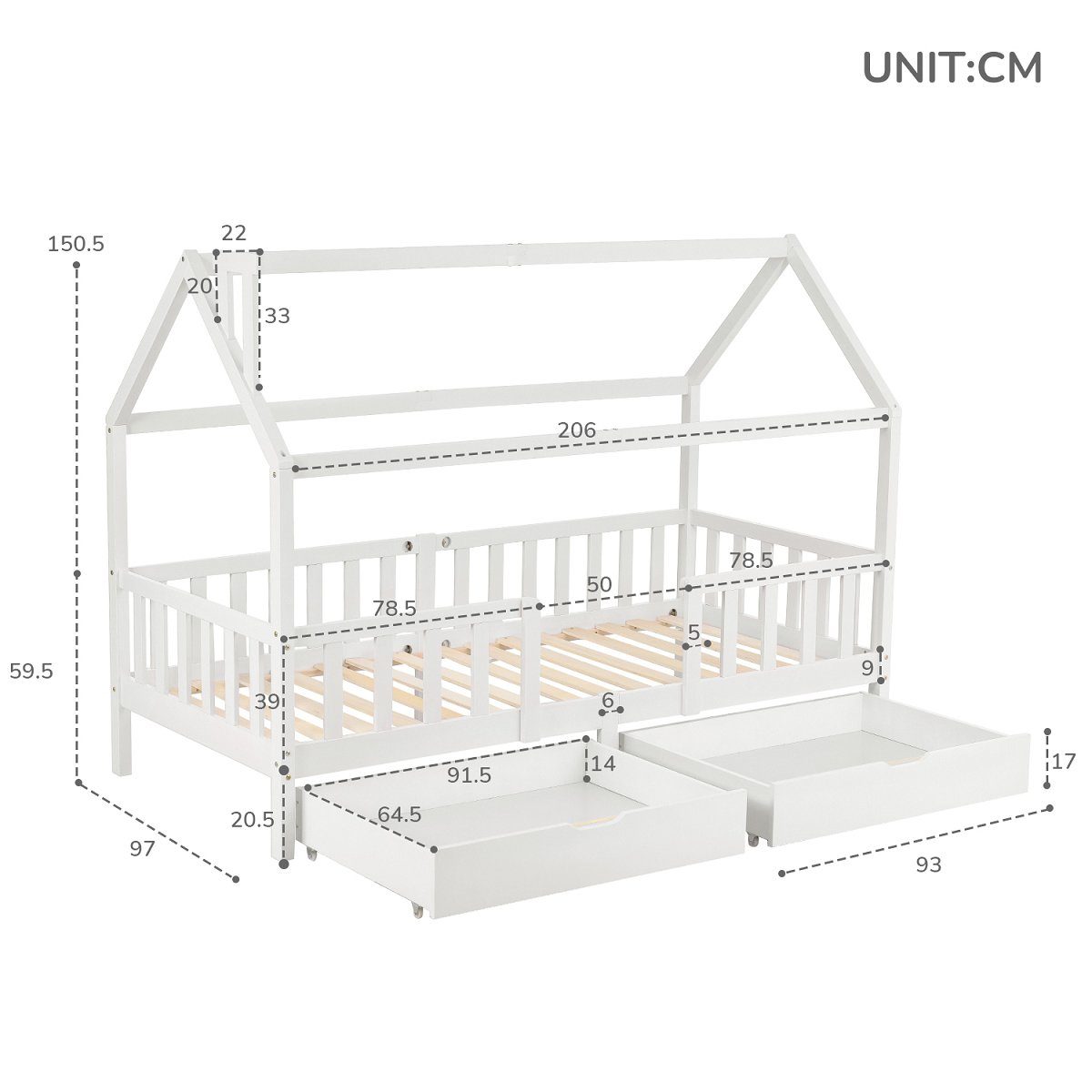 SIKAINI Holzbett L-DJ-28549091WAA, Kinderbett Hausbett mit Schornstein 90 x 200 cm ohne Matratze