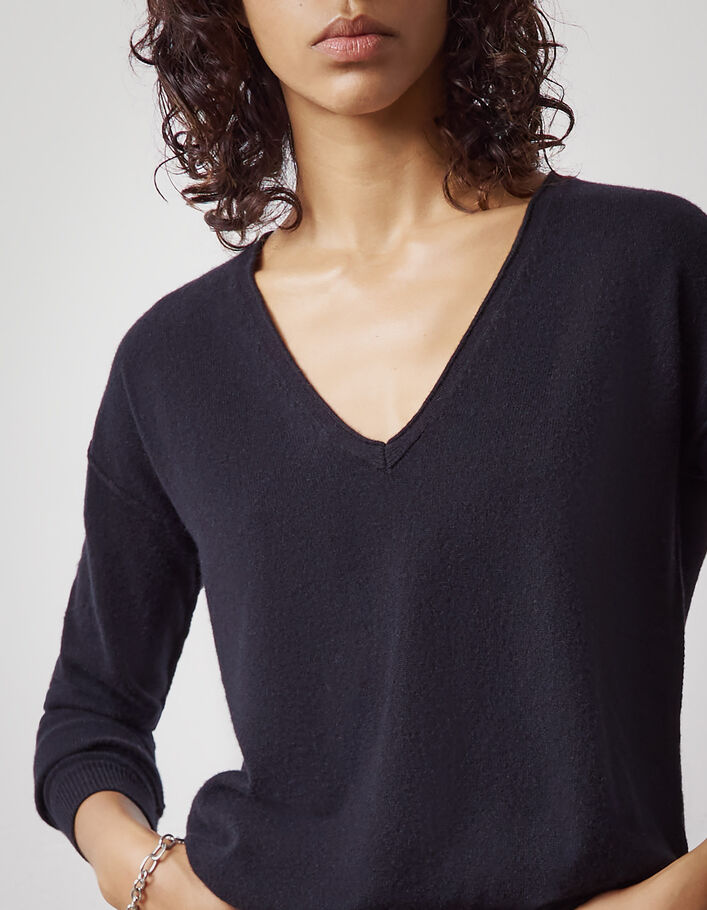 Pull noir en cachemire pointelles motifs chevrons femme