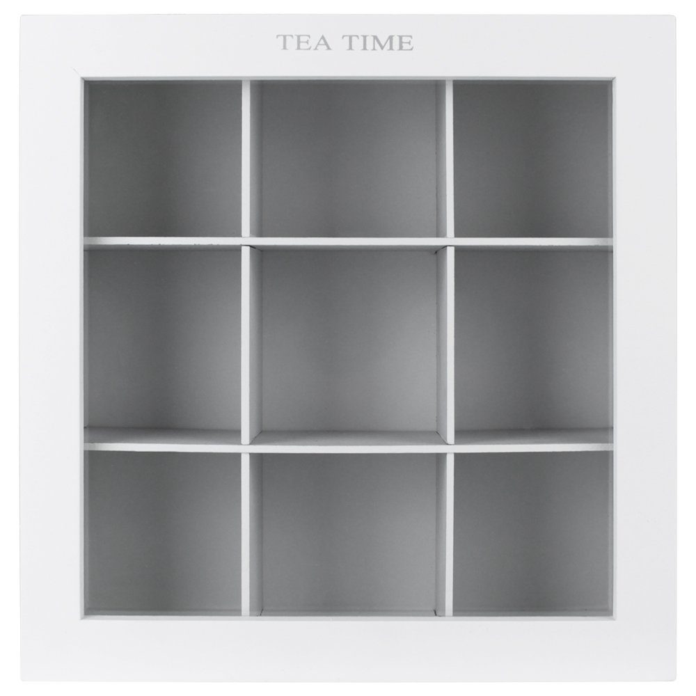 Koopman Teebox Teebeutelbox 9 Fächer Weiß Teekiste Teedose Teekasten Tee-Box Holz Box, Tee Aufbewahrung Teebeutel Kiste Aufbewahrungsbox Teebeutelkiste