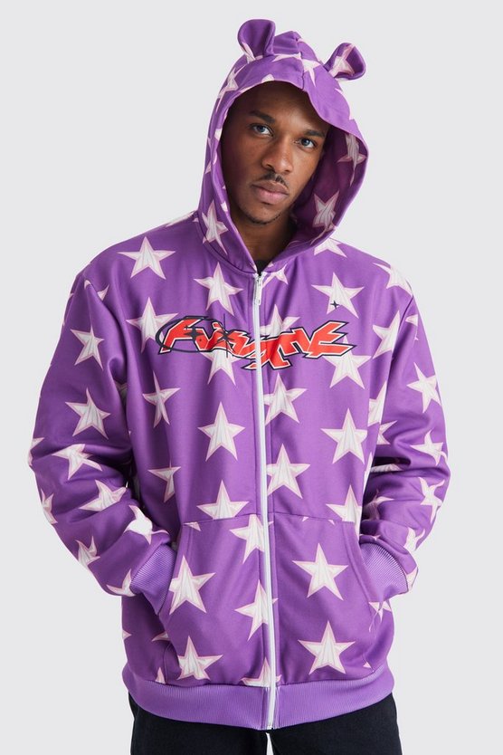 Oversize Hoodie mit Bärenohren-Print und Reißverschluss