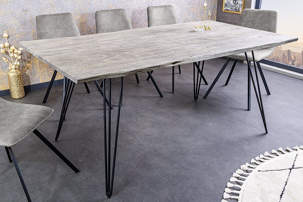 riess-ambiente Baumkantentisch SCORPION 140cm grau / schwarz · 2,5cm Tischplatte (Einzelartikel, 1-St), Küche · Akazie-Massivholz · Metall · Esszimmer · Hairpin Legs · Retro