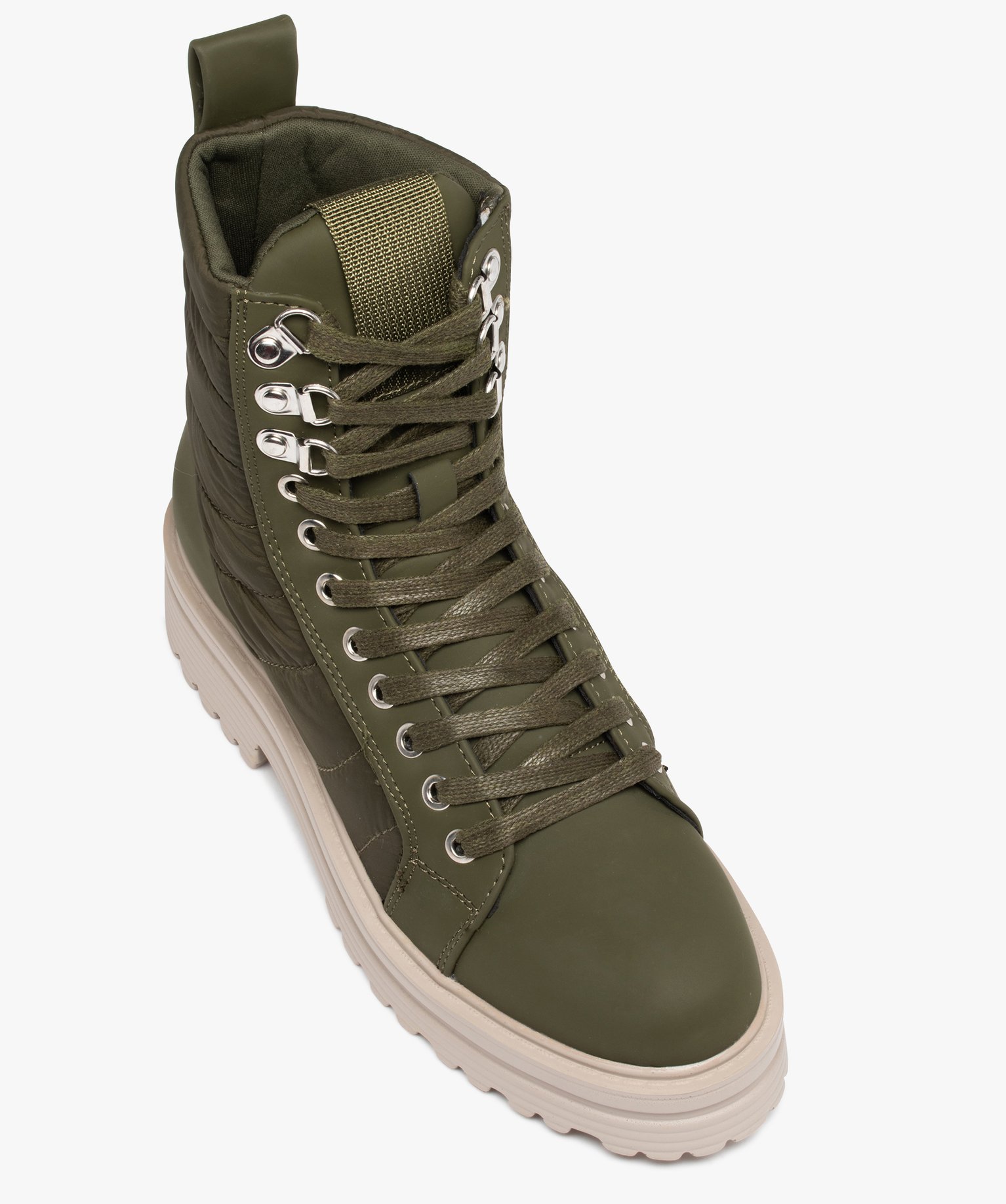 Bottines femme à lacets dessus textile matelassé kaki | GEMO