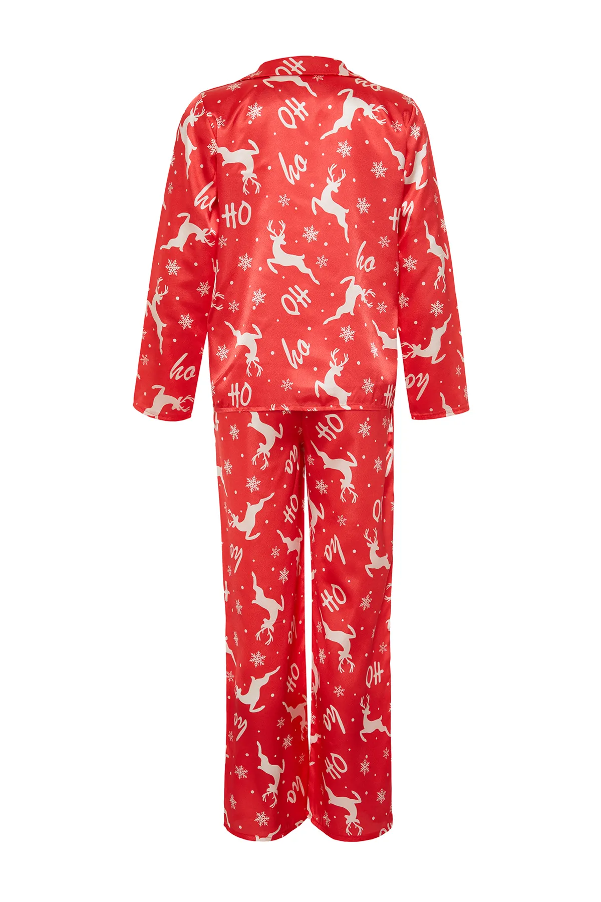 Trendyol Collection  Rotes, gewebtes Pyjama-Set aus Hemd und Hose aus Satin mit Neujahrsmotiv THMAW24PT00037