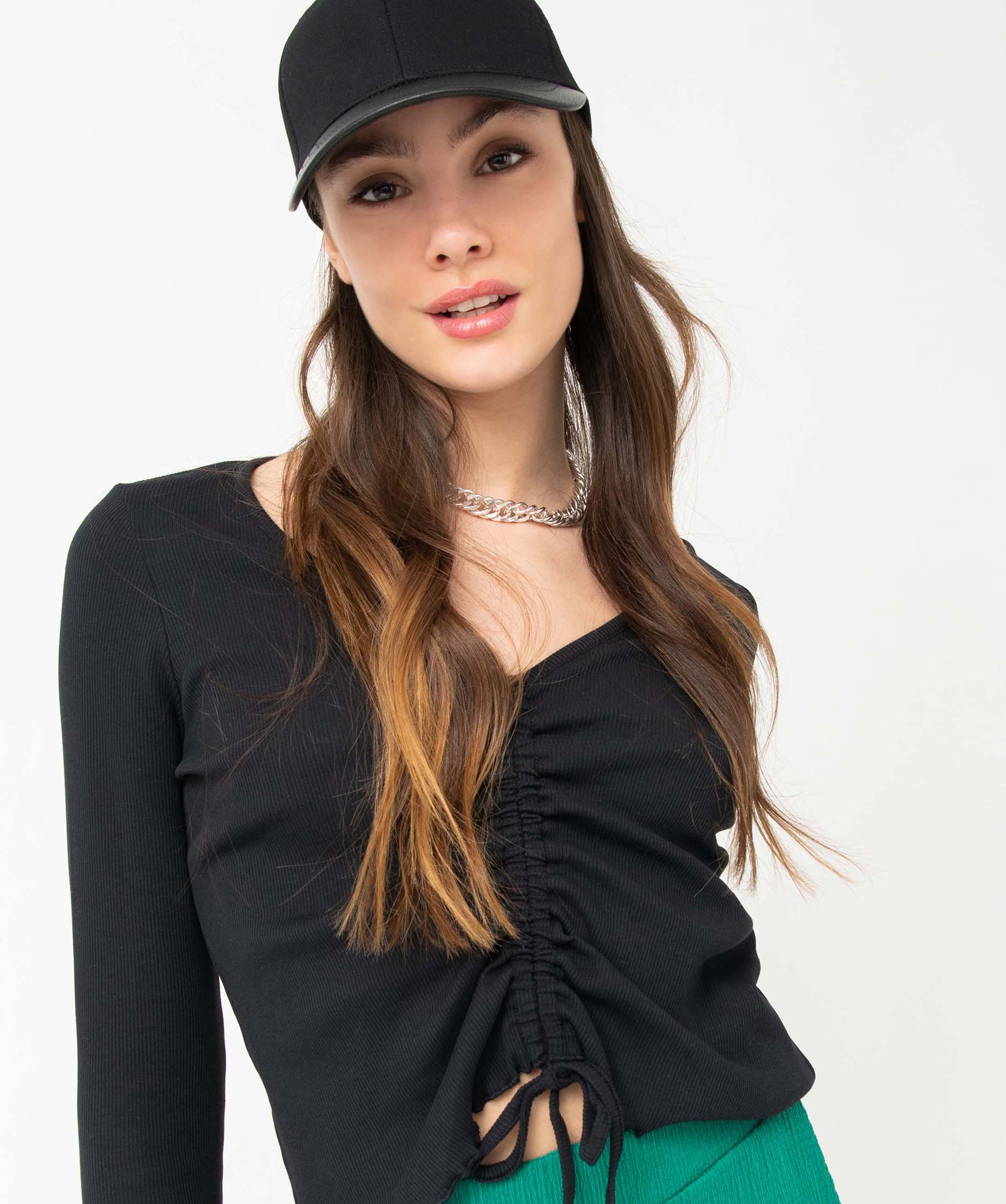 Tee-shirt femme à manches longues avec devant ajustable noir | GEMO