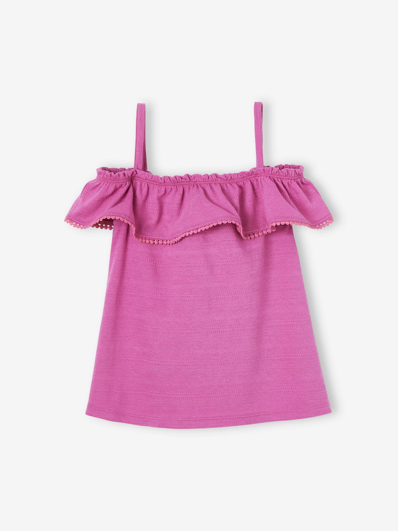 Débardeur volanté fille en tissu fantaisie reliéfé pivoine