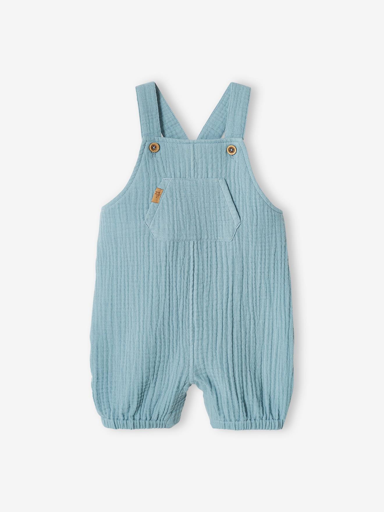 Salopette bébé naissance en gaze de coton doublée denim bleached