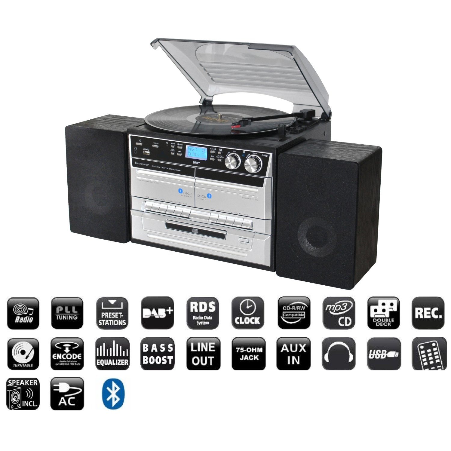 Soundmaster MCD5550SW Stereoanlage DAB Kassette BT CD USB MP3 Plattenspieler Kompaktanlage