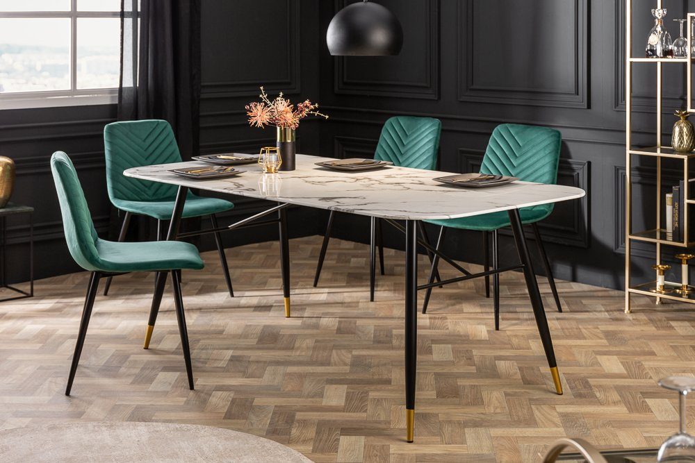 riess-ambiente Esstisch PARIS 180cm weiß / schwarz-gold, Kristallglas · Marmor-Dekor · Retro