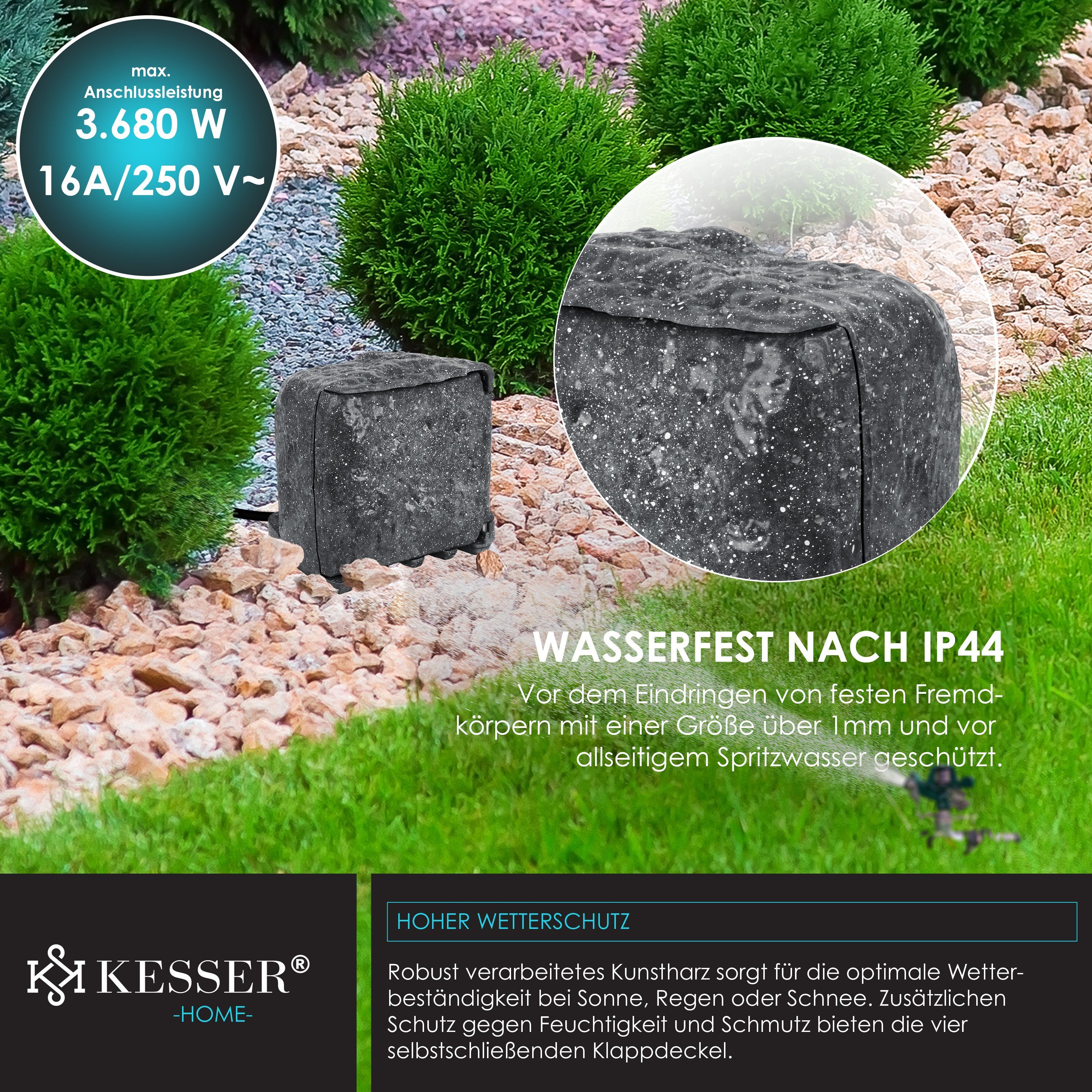 KESSER Gartensteckdose, Gartensteckdose Steinoptik mit Steckplätzen Inkl.Erdspieß