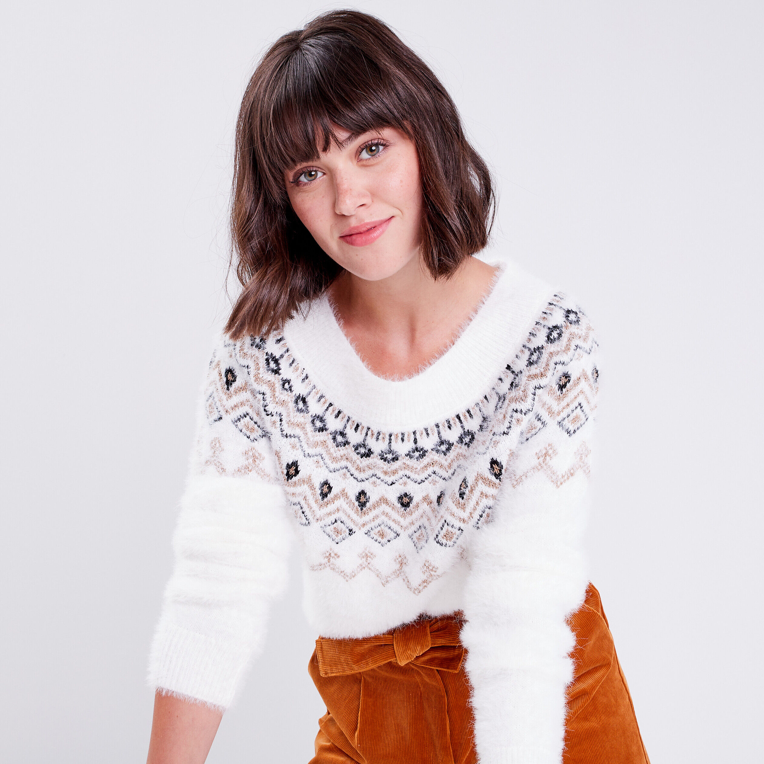 Pull avec col rond ecru femme | Cache Cache