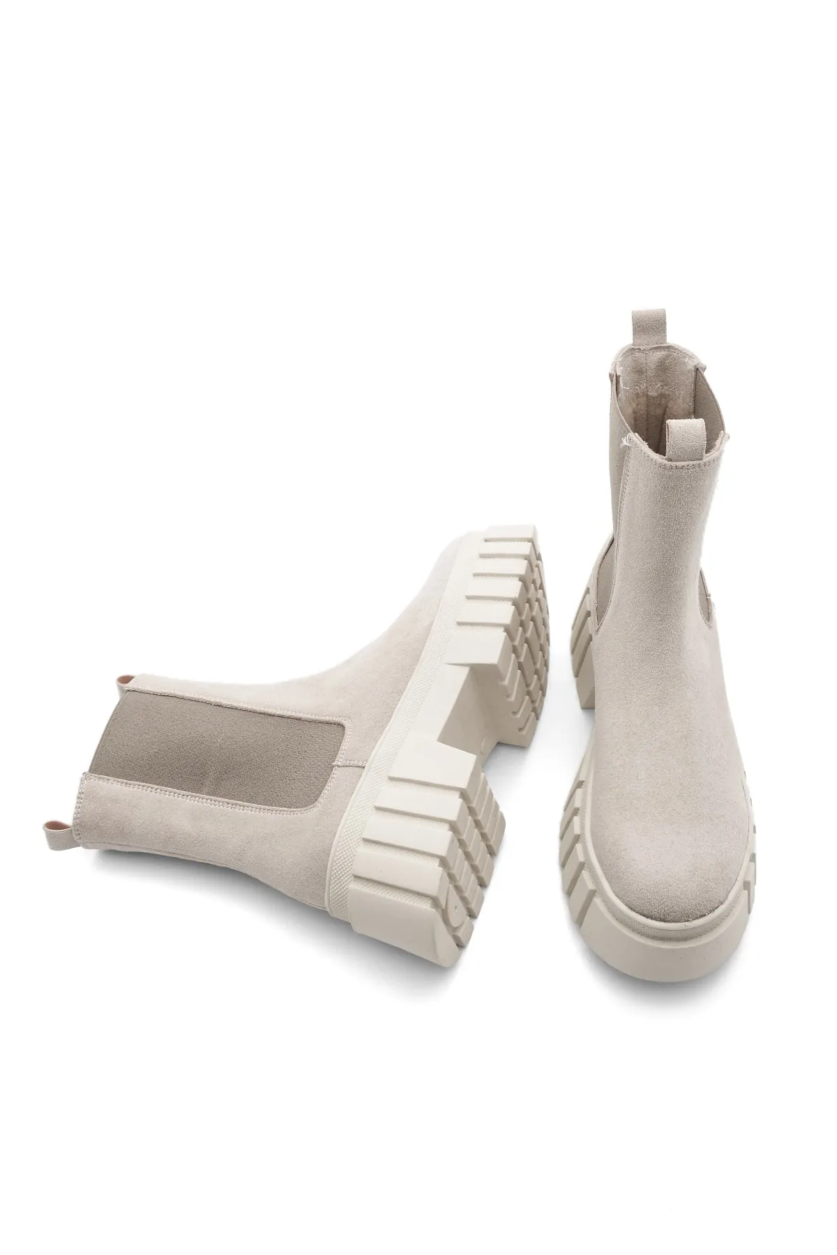 Marjin  Damen-Tagesstiefel aus echtem Leder mit elastischem Seitenband, dicker Sohle, Martes-Beige-Wildleder