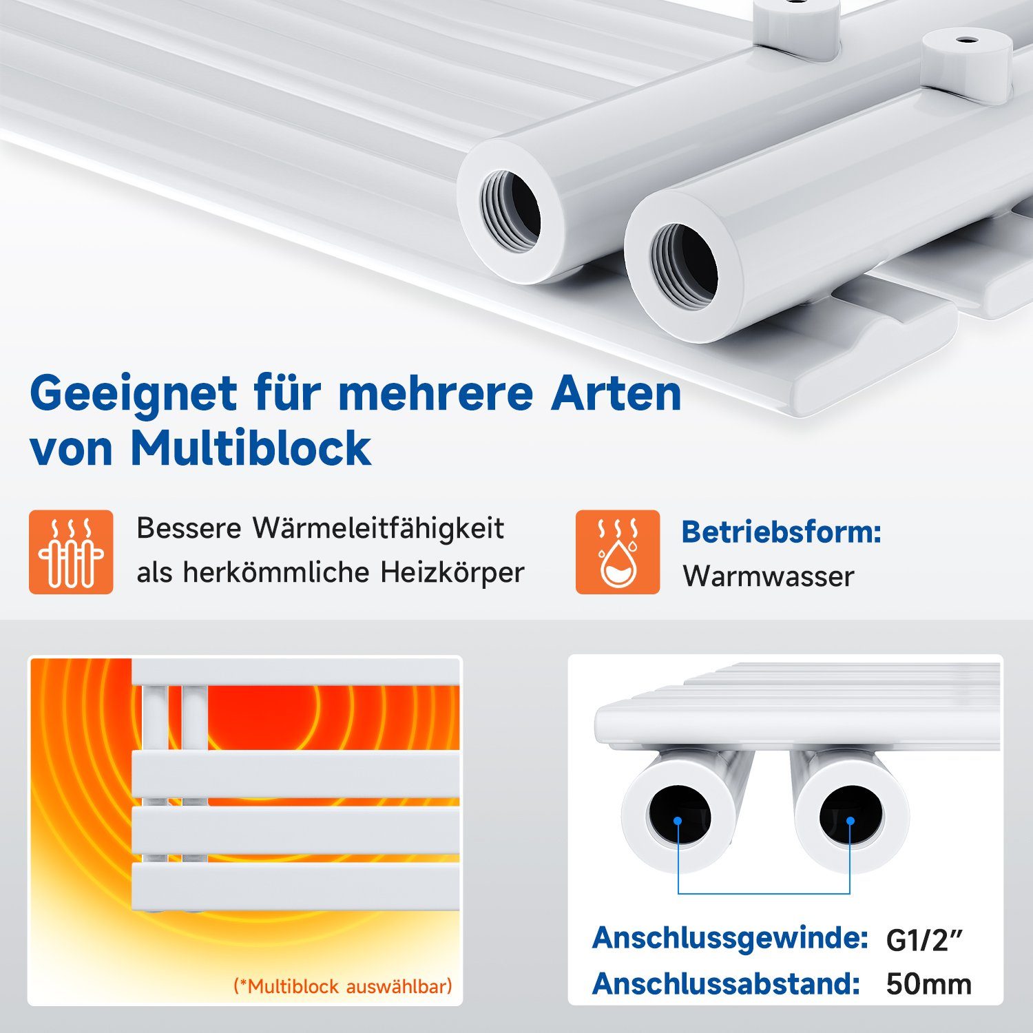 ELEGANT Badheizkörper Badheizkörper Weiß Heizkörper Design Handtuchtrockner Bad Warmwasser, ohne/mit Multiblock, flach, Mittelanschluss seitlich