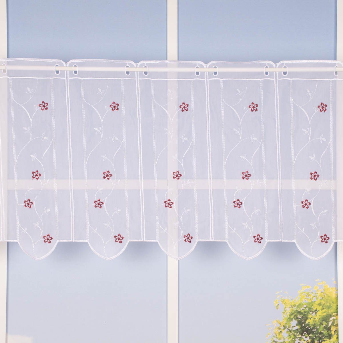 Meterware Scheibengardine nähfrei Stickerei Blüten weiß rot 45cm, SCHÖNER LEBEN., leicht perforiert, Stickerei/Stickstoff, bestickt, pflegeleicht