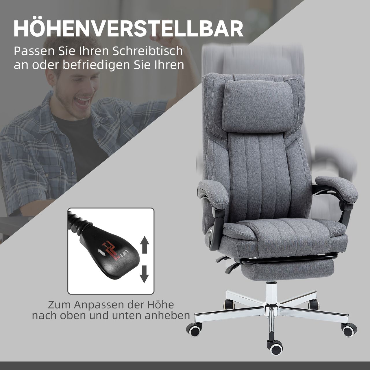Vinsetto Bürostuhl mit Massagefunktion, Schreibtischstuhl mit Liegefunktion Grau