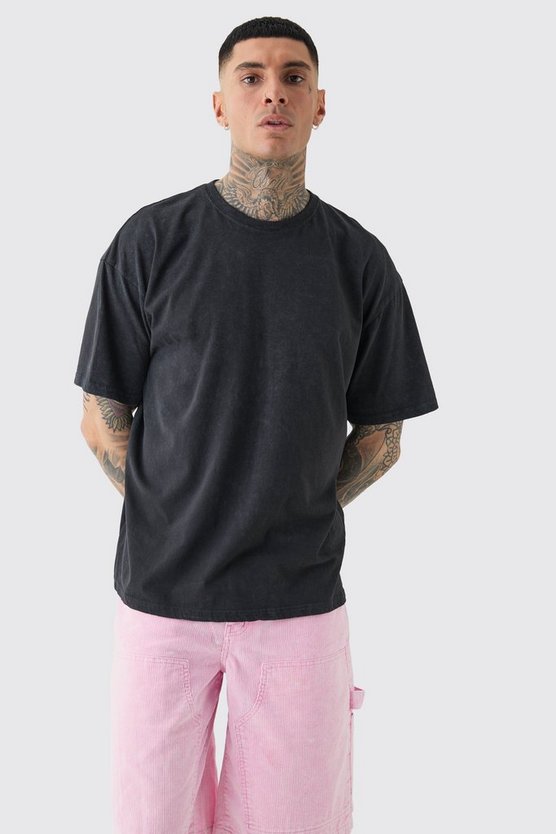 Tall graues Members Only Racer T-Shirt mit Acid-Waschung