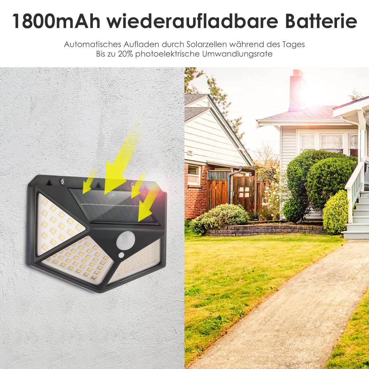 LETGOSPT LED Solarleuchte 4x Solarleuchte 100 LEDs Wandleuchte mit Bewegungsmelder Außenlampe, LED fest integriert, IP65 Außenleuchte Gartenlampe Strahler Lampe Licht