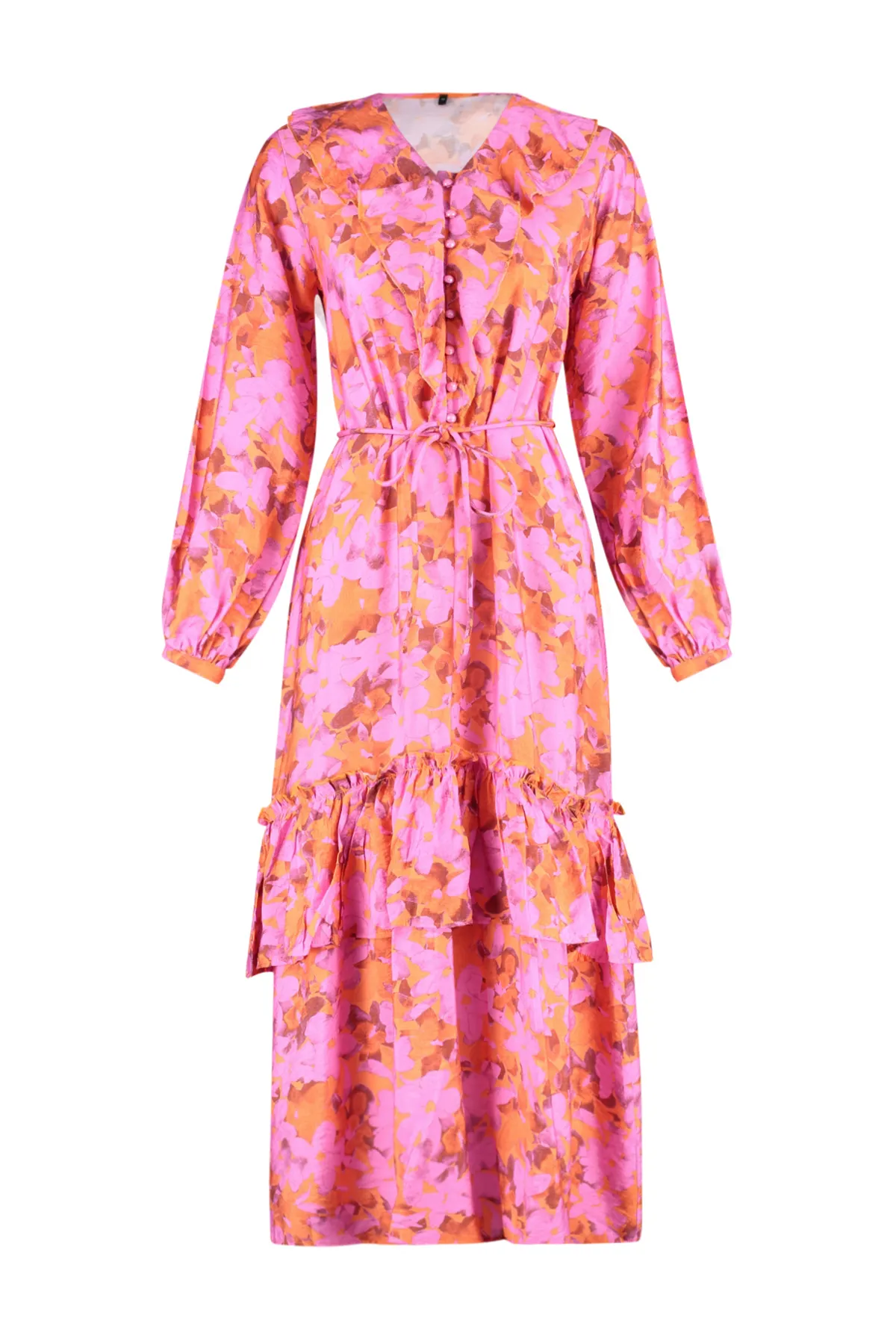Trendyol Modest  Rosafarbenes, gewebtes Kleid mit Kragen und Rüschen TCTSS24EB00079