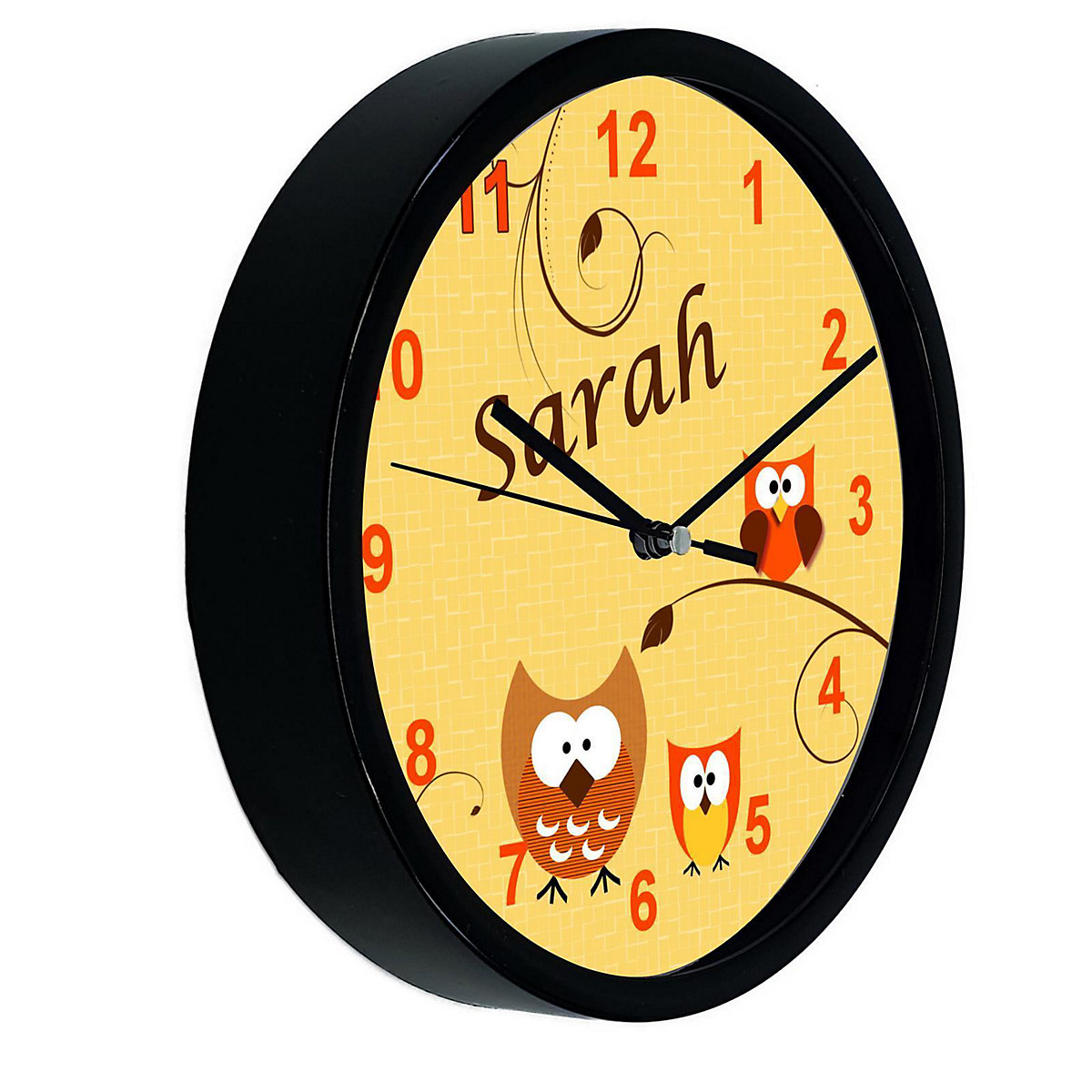 Kinder Wanduhr personalisiert mit Name Eule Orange