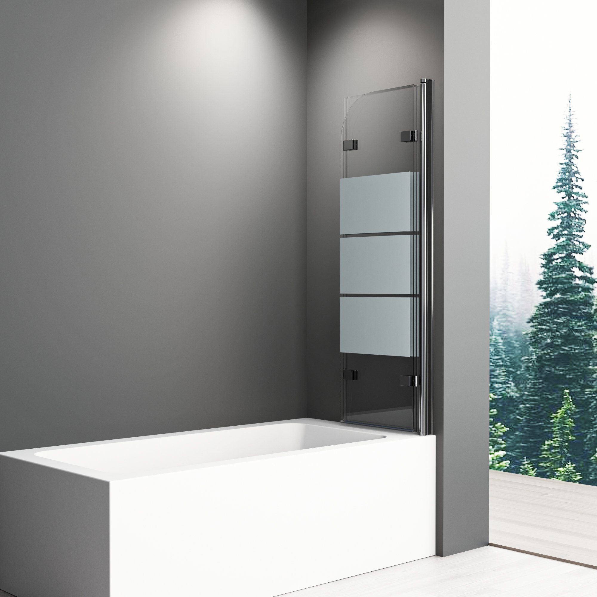 Boromal Badewannenaufsatz Schwarz Chrom 3 teilig faltbar 120x140 130x140 Duschwand für Badewanne, Milchglas, Sicherheitsglas, verstellbar Alu Wandprofil, Beidseitig 180° schwenkbar, komplett faltbar