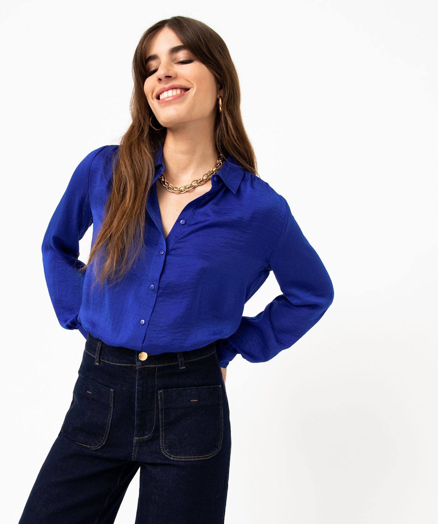 Chemise en satin à manches longues femme bleu | GEMO