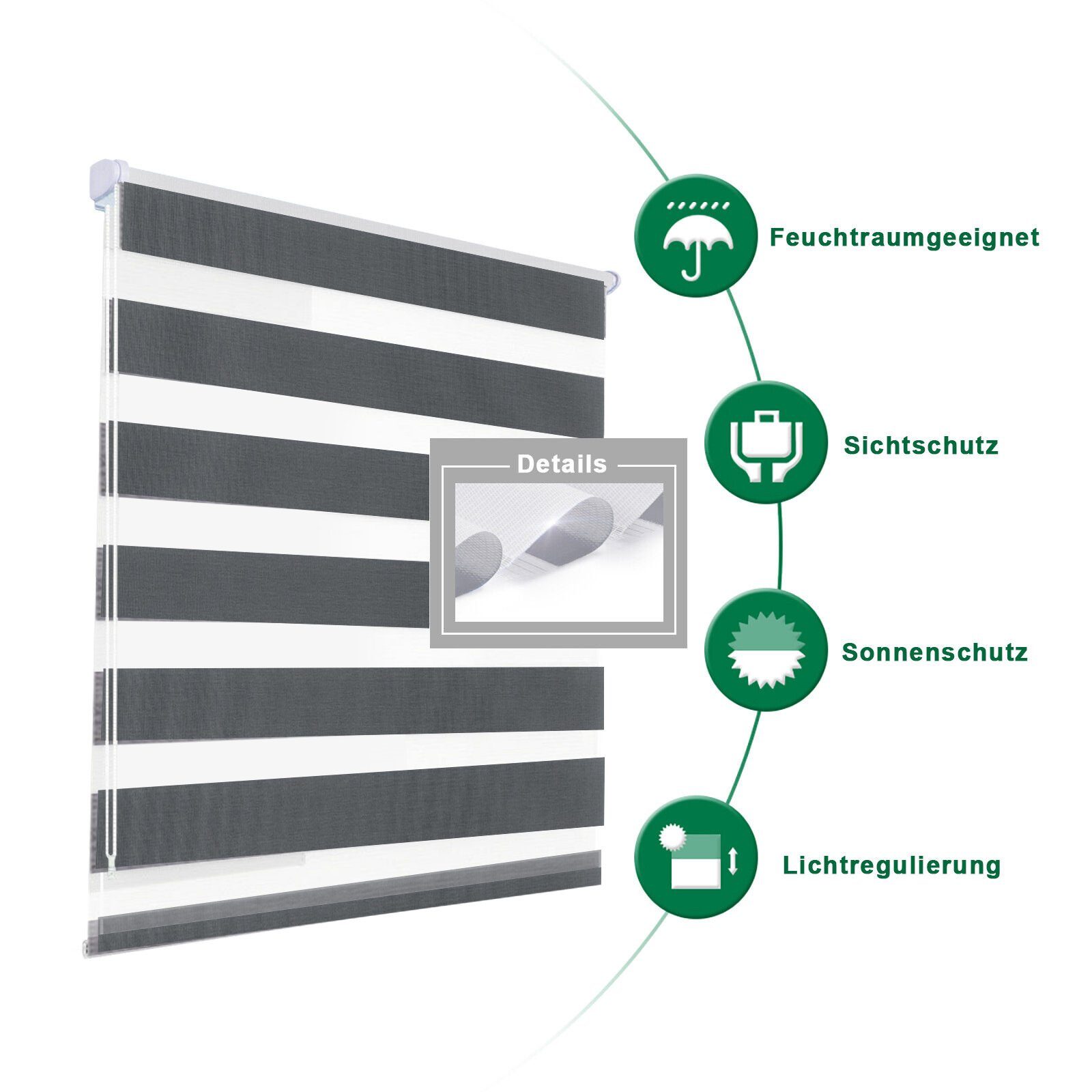 Doppelrollo ohne Bohren 130cm/150cm/230cm, OUBO, freihängend, verspannt, Klemmfix, Klemmträger, Für Fenster und Tür mit Klemmträger lichtdurchlässig verdunkelnd
