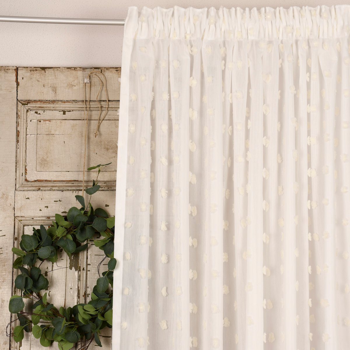 Meterware Rasch Textil Bambino Stores Pom Pom Puscheln weiß creme 3m, (1 St), halbtransparent, Kunstfaser, bestickt