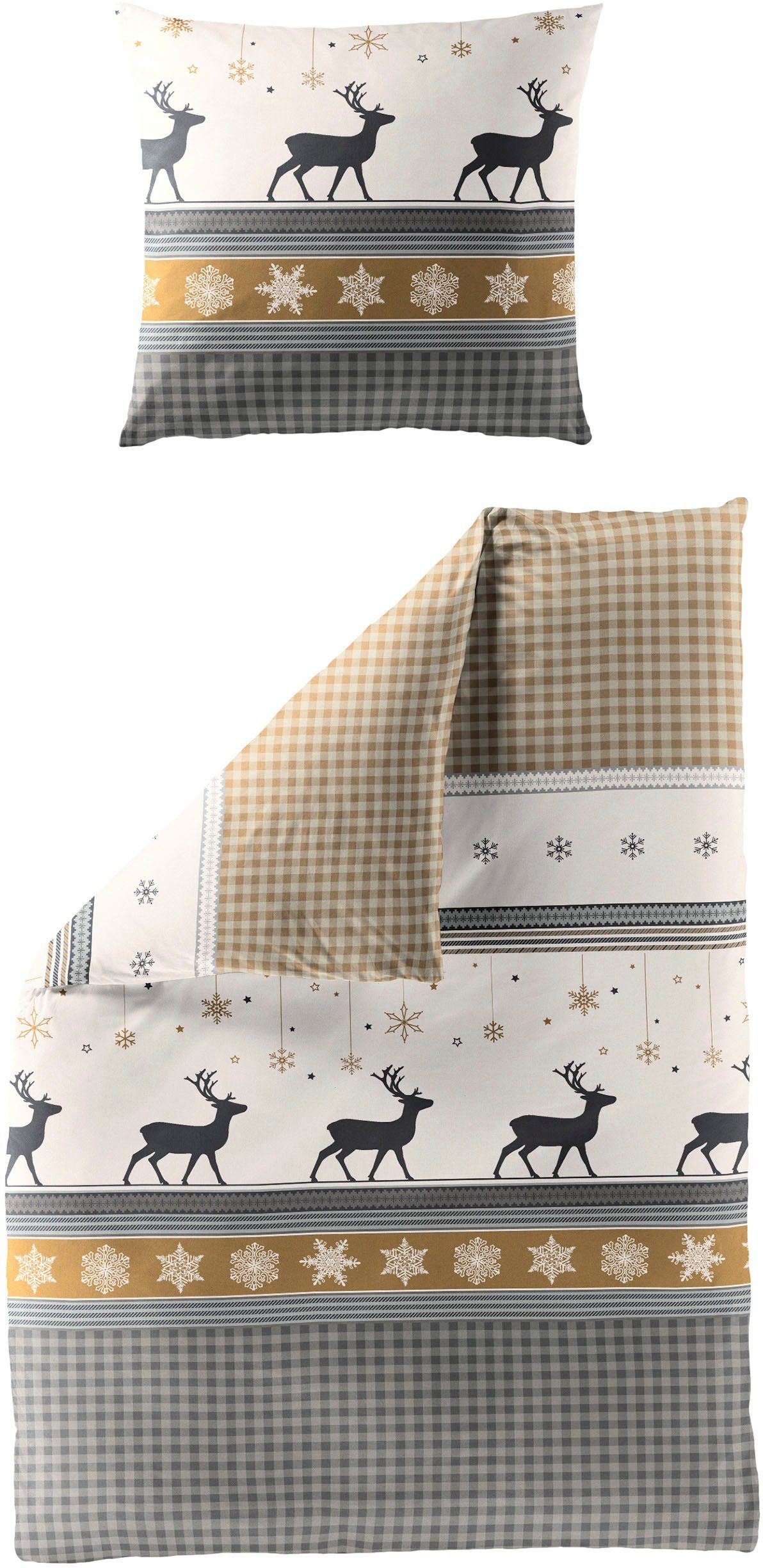 Bettwäsche 4036, BIERBAUM, Biber, 2 teilig, Biber, 100 % Baumwolle, pflegeleicht, kuschelig warm, mit Rentieren