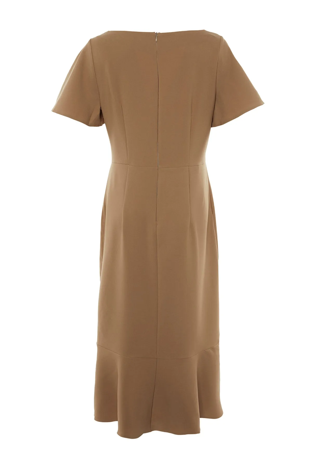 Trendyol Curve  Kamelfarbenes gewebtes Volantkleid mit Ärmeln TBBSS22EL1626
