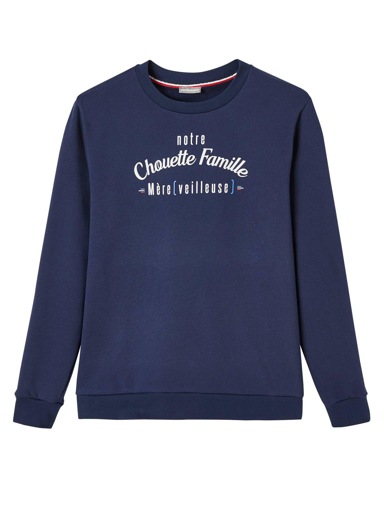 Sweat femme notre Chouette Famille collection capsule vertbaudet fabrication française marine grise