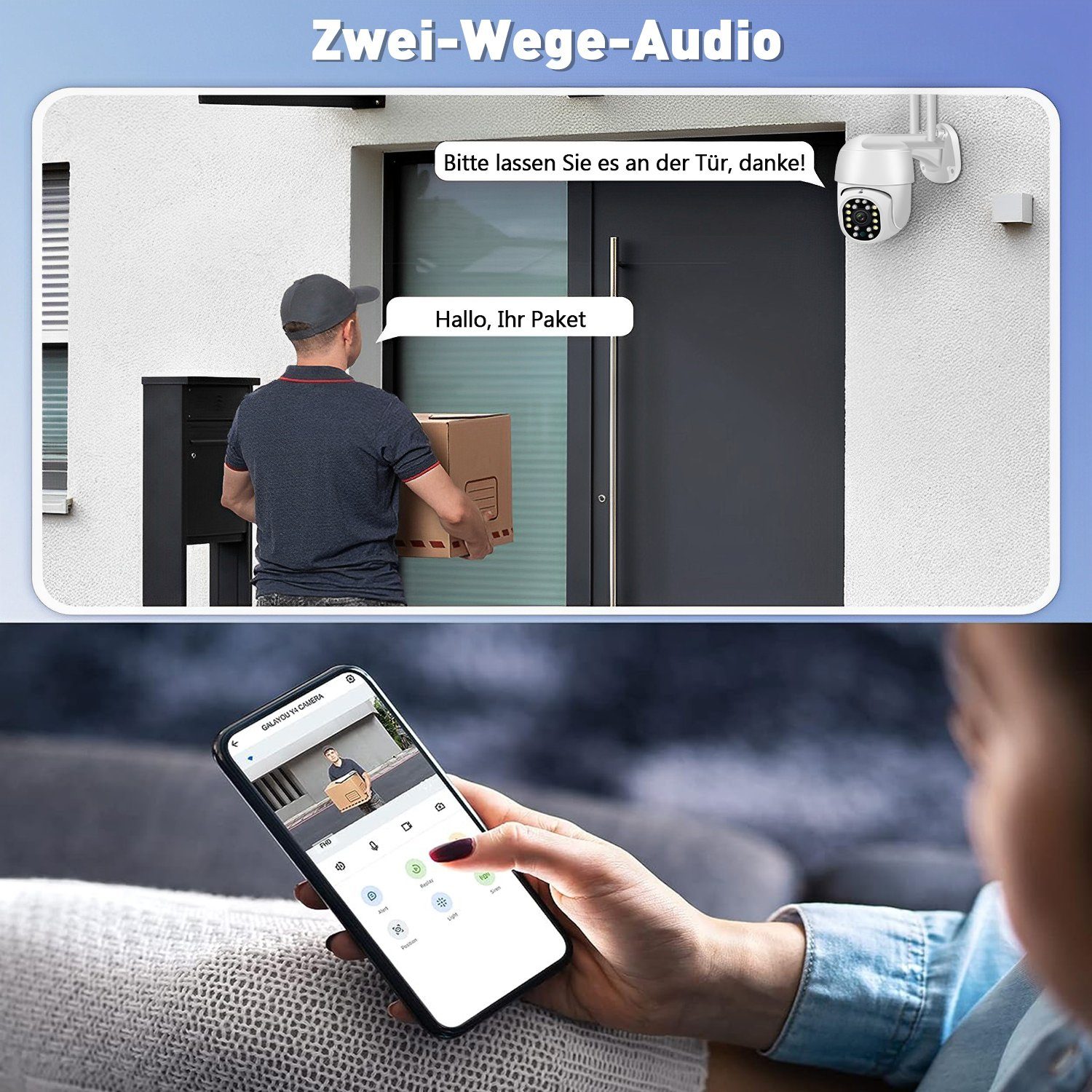 Kpaloft 5G-Dualband-WLAN Überwachungskamera (für Innen/Außen, FHD 1080P Kamera, 320°/90° verstellbar, Nachtsicht, Bewegungserkennung, APP, Zwei-Wege-Audio, Ton- und Lichtwarnung, für Wohnzimmer/Hof/Lager/Bauernhof/Garten)