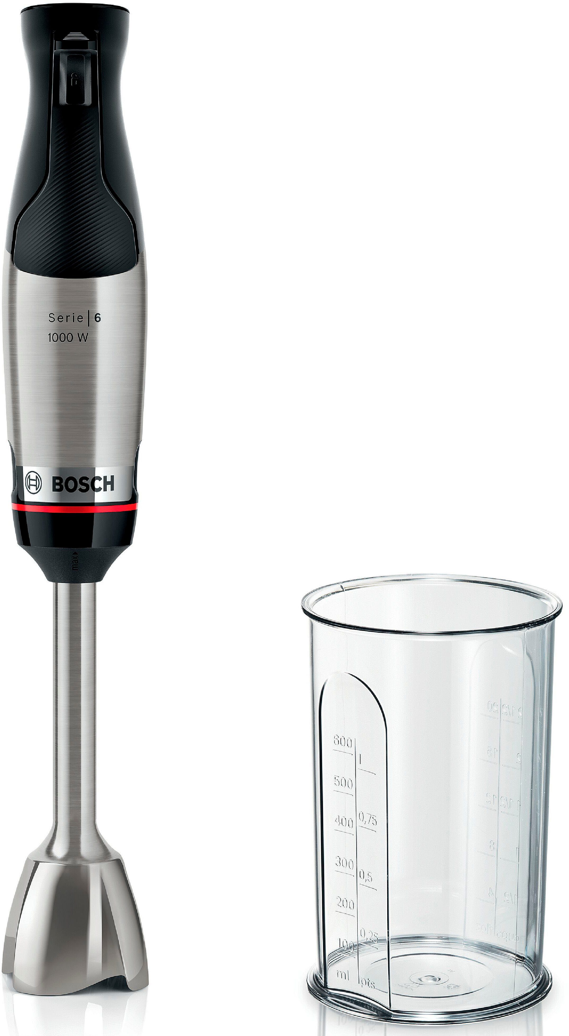 BOSCH Stabmixer ErgoMaster Serie 6 MSM6M610, 1000 W, Edelstahl-Mixstab, Mix-/Messbecher Edelstahl/schwarz