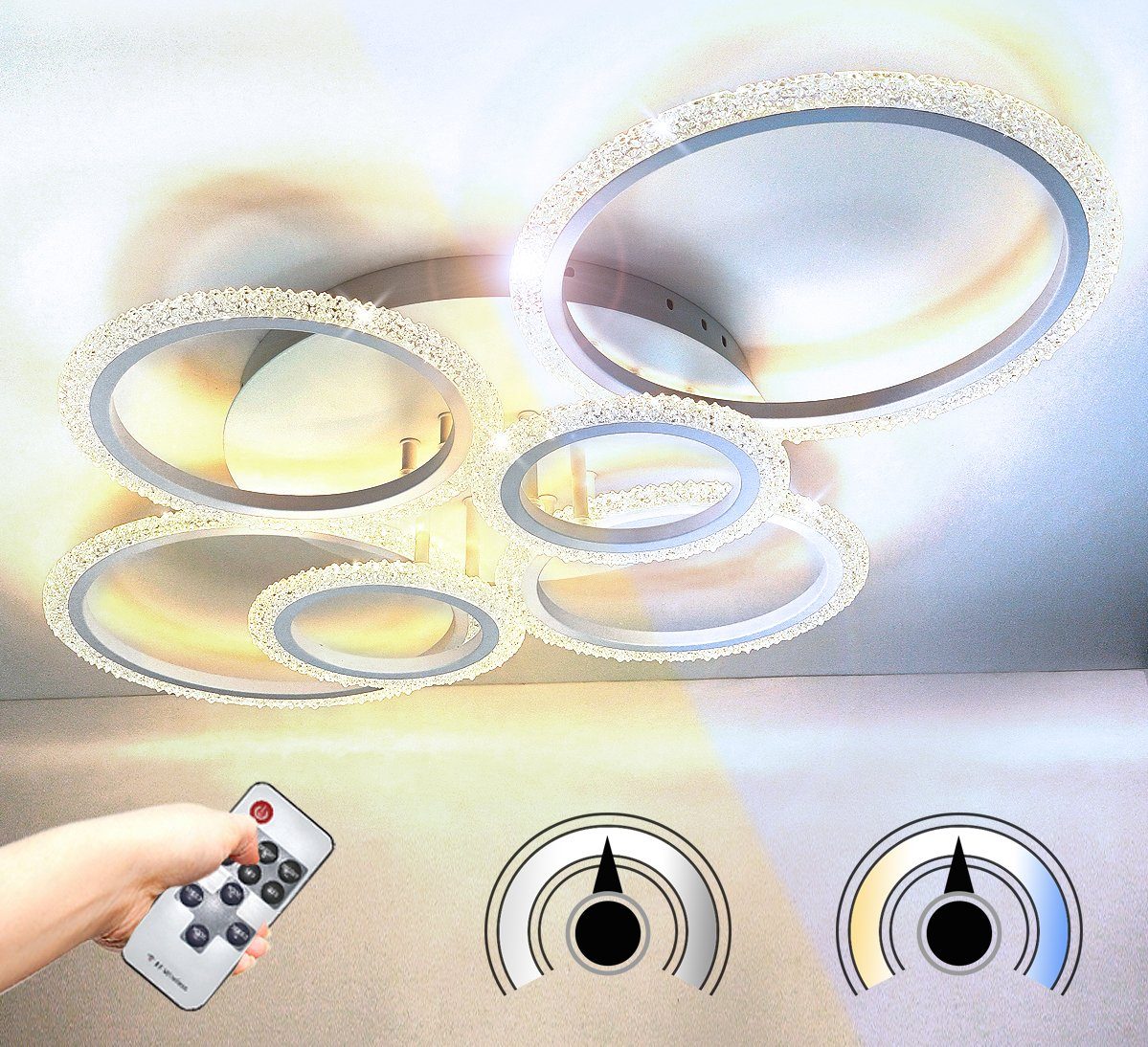 Lewima LED Deckenleuchte XL-XXL groß glitzernd funkelnd Deckenlampe 11-45W, Dimmbar per Fernbedienung, Einstellungen werden gespeichert, Farbwechsel Warmweiß / Kaltweiß / Neutralweiß einstellbar, 6 Ringe Weiß, 86x58cm