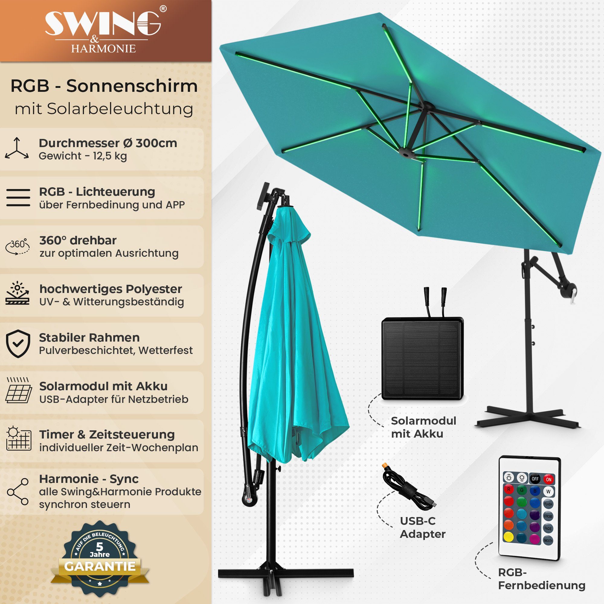 Swing&Harmonie Sonnenschirm mit RGB Beleuchtung LED Ampelschirm Garten Schirm, 300 / 350 cm inkl. Fernbedienung, APP Steuerung