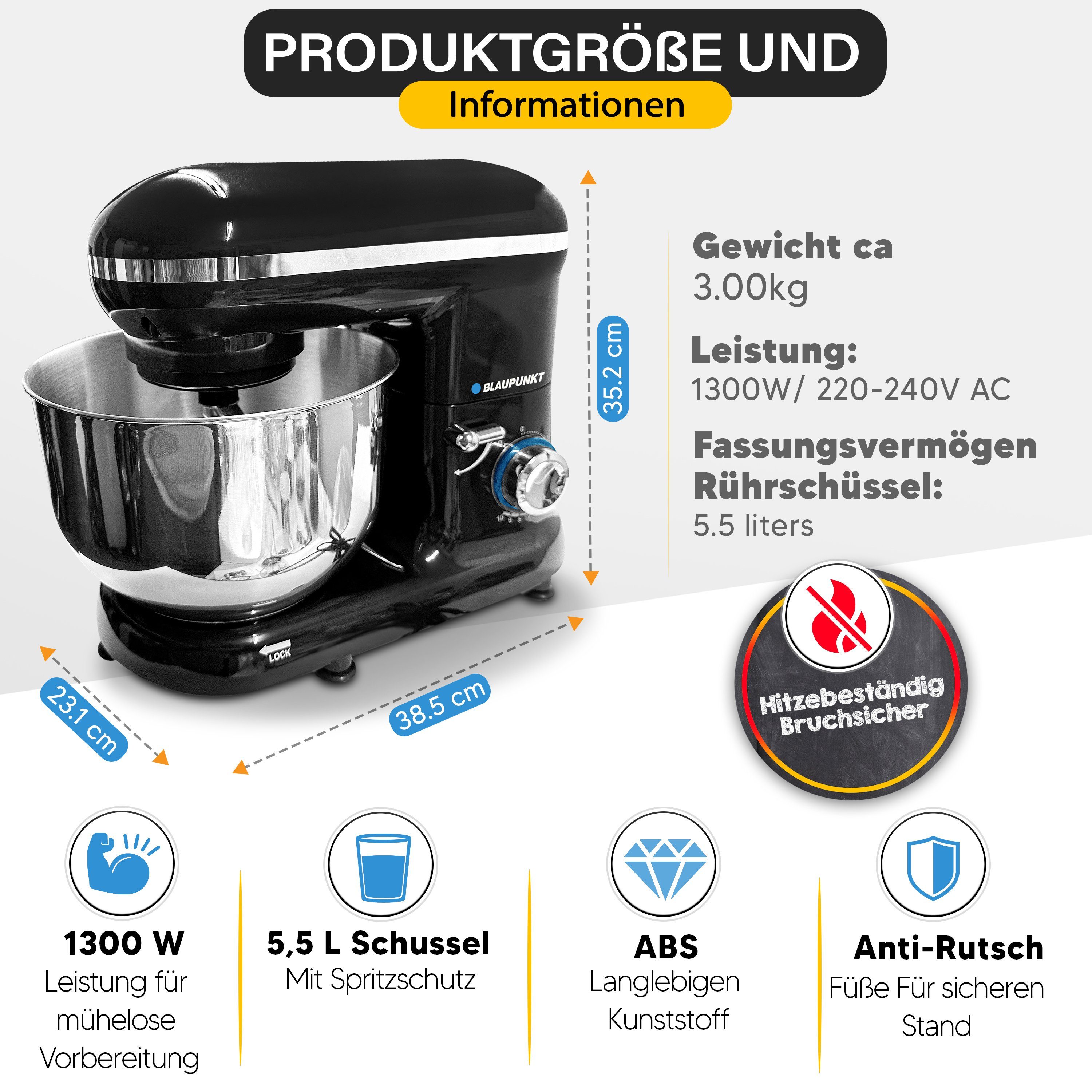 Blaupunkt Küchenmaschine MEN787 Küchenmaschine, Knetmaschine, Rührmaschine mit Knethaken, 1300 W, 5,50 l Schüssel, Edelstahl, 10 Stufen Mischen Schlagen Kneten, Knetmaschine für teig