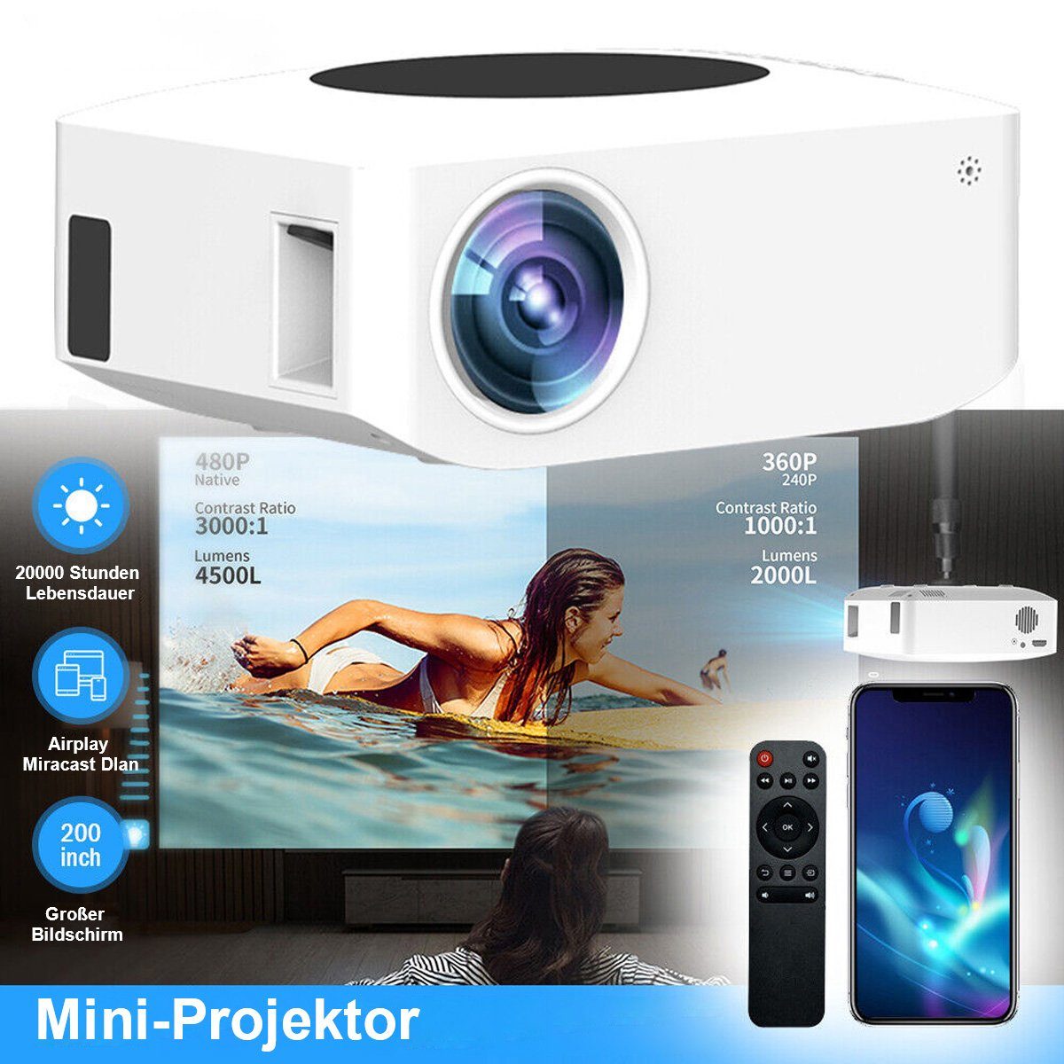 Yoyaxi 8000LM WLAN-Projektor, kabellos, Heimkino, Kino, Film, USB, HDMI, AV Portabler Projektor (Kabelloser 200-Zoll-Großbildschirm, 8000 LM hohe Helligkeit)