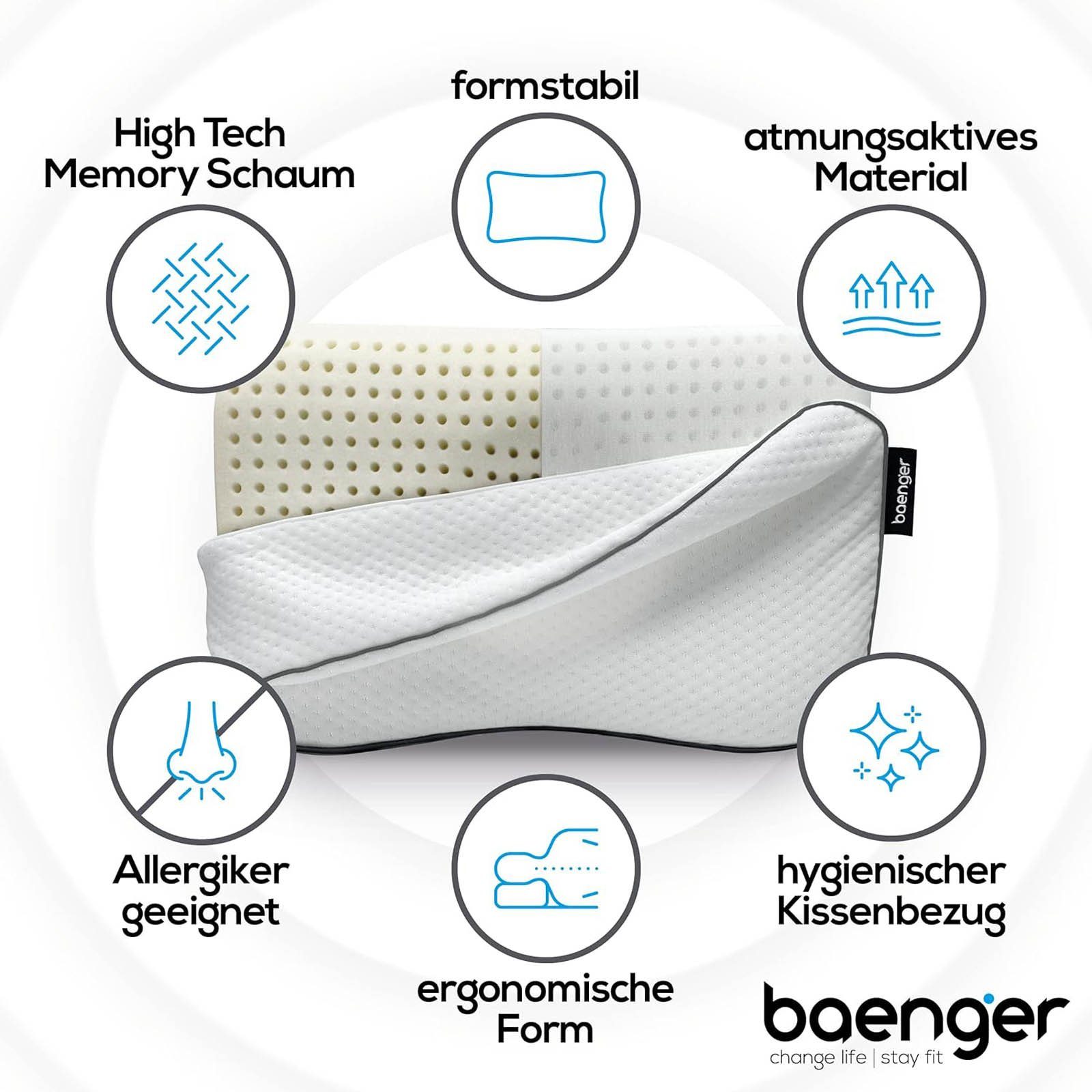 baenger Nackenkissen Ergonomisches Nacken Kissen Kopfkissen Schlafkissen Reisekissen, Memory Schaum 50 x 30 cm inkl. Bezug und Tragetasche