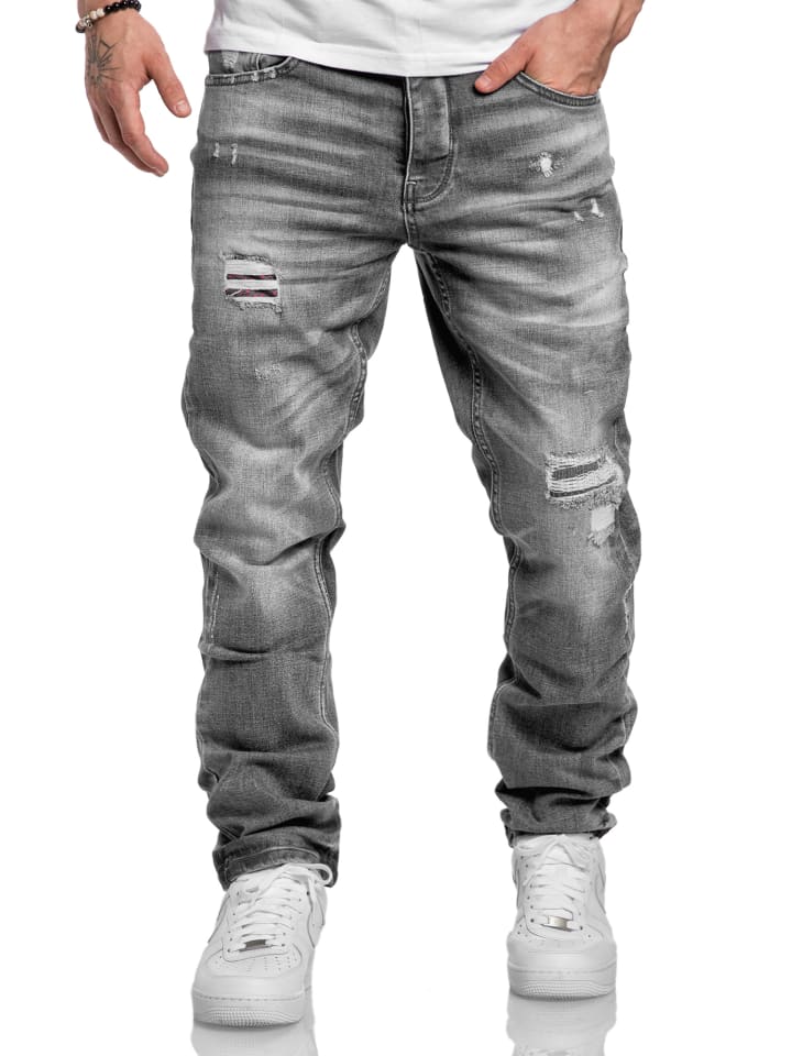 Amaci&Sons Regular Fit Destroyed Jeans KANSAS in Grau (Patches) günstig kaufen