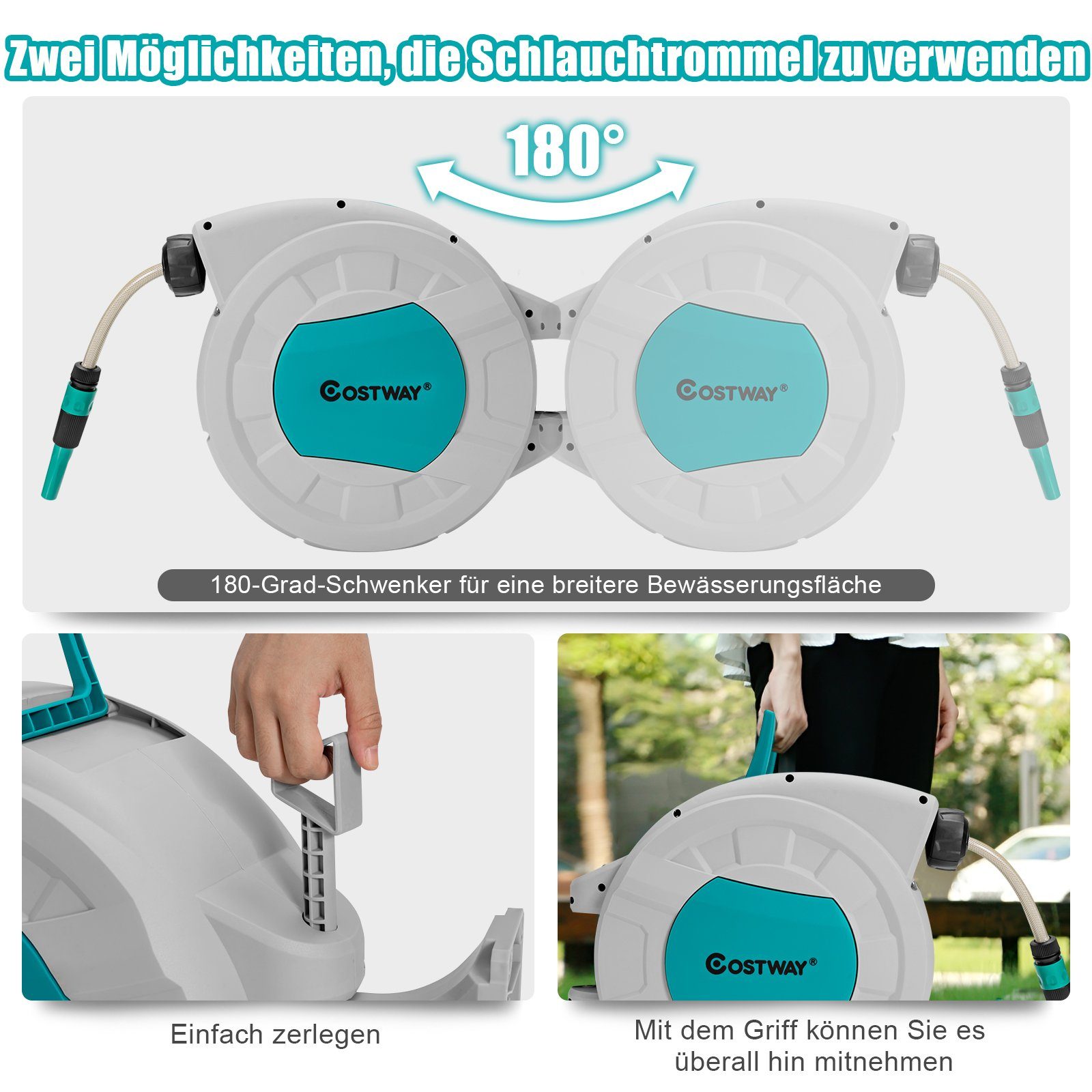 COSTWAY Schlauchaufroller, mit Griff und 19,5m Schlauch, automatisch