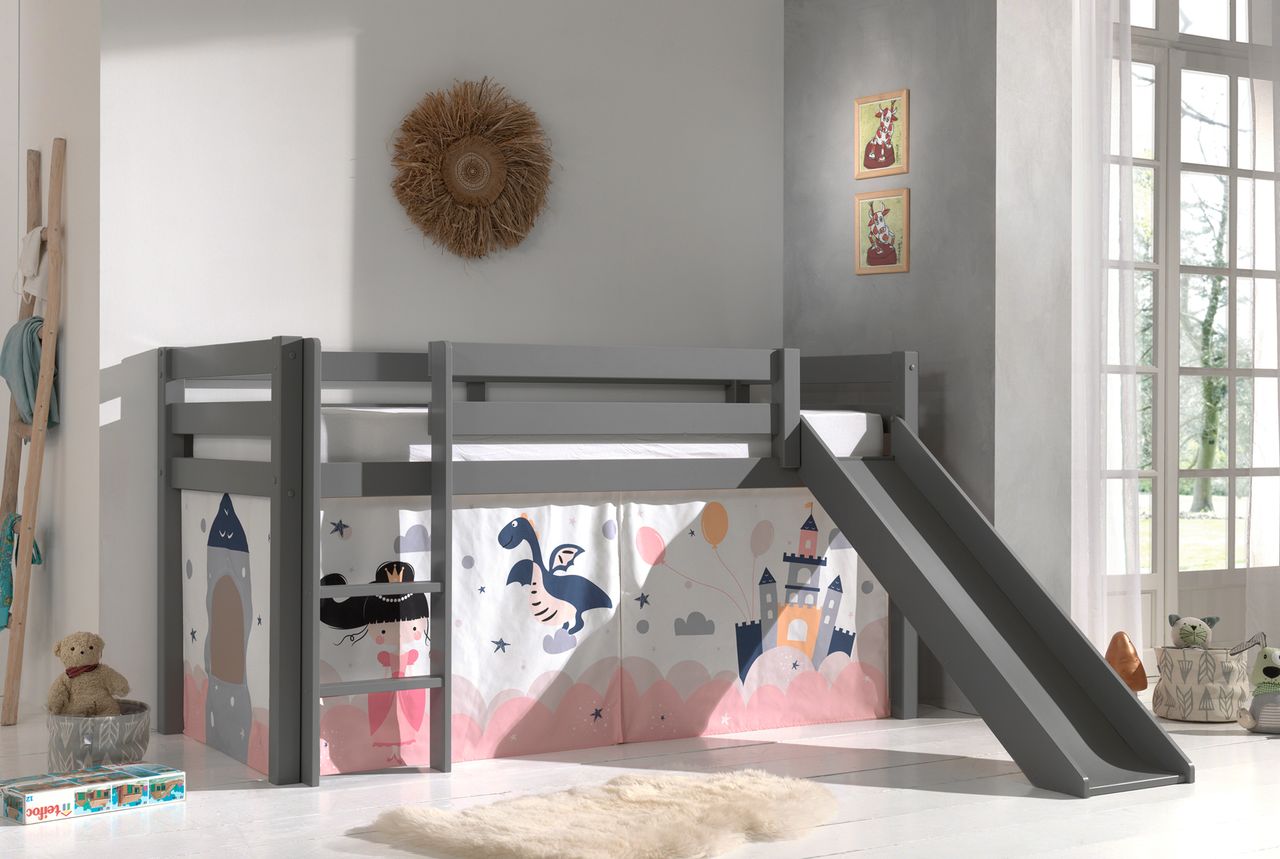 VIPACK Halbhohes Bett PINO, mit Rutsche und Textilset 