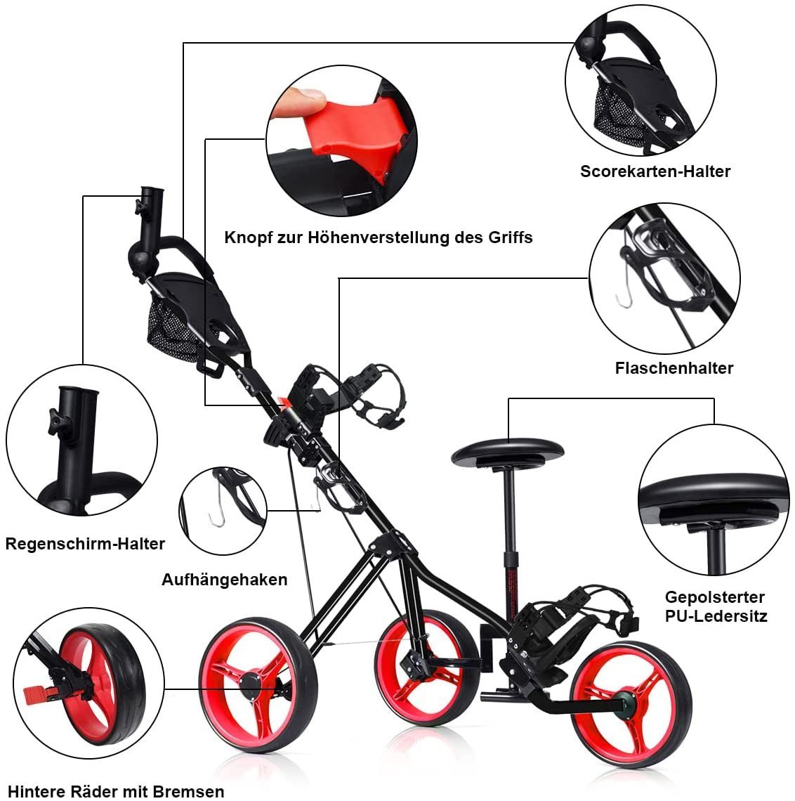 COSTWAY Golftrolley 3-Rad Golfwagen, klappbar, mit verstellbarem Sitz, Griff