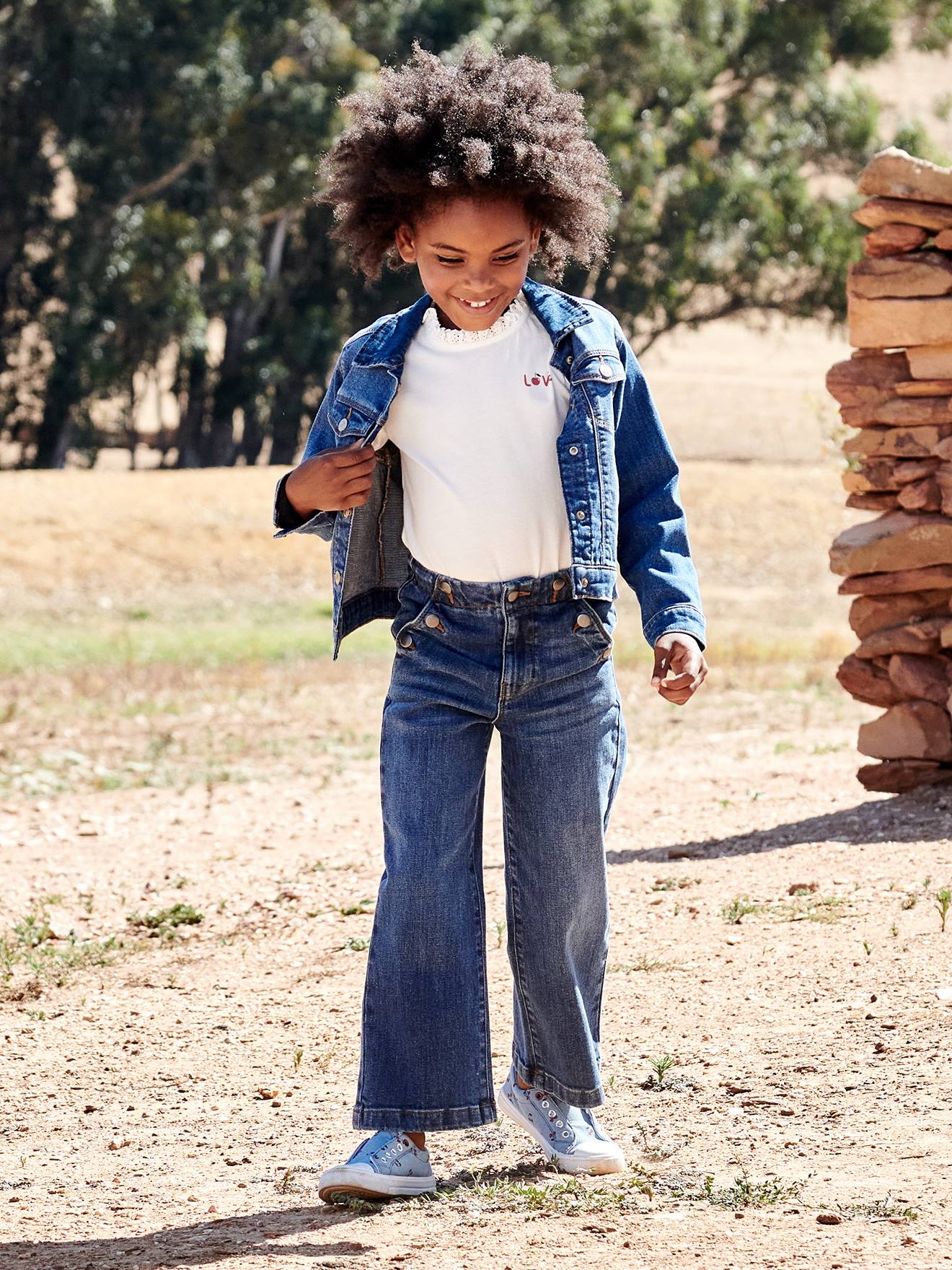 Vertbaudet Weite Mädchen Jeans mit Zierknöpfen - blue stone