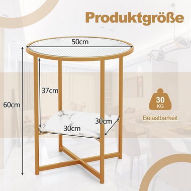 COSTWAY Beistelltisch, rund, mit gehärtetem Glas & Ablage aus Marmor, gold